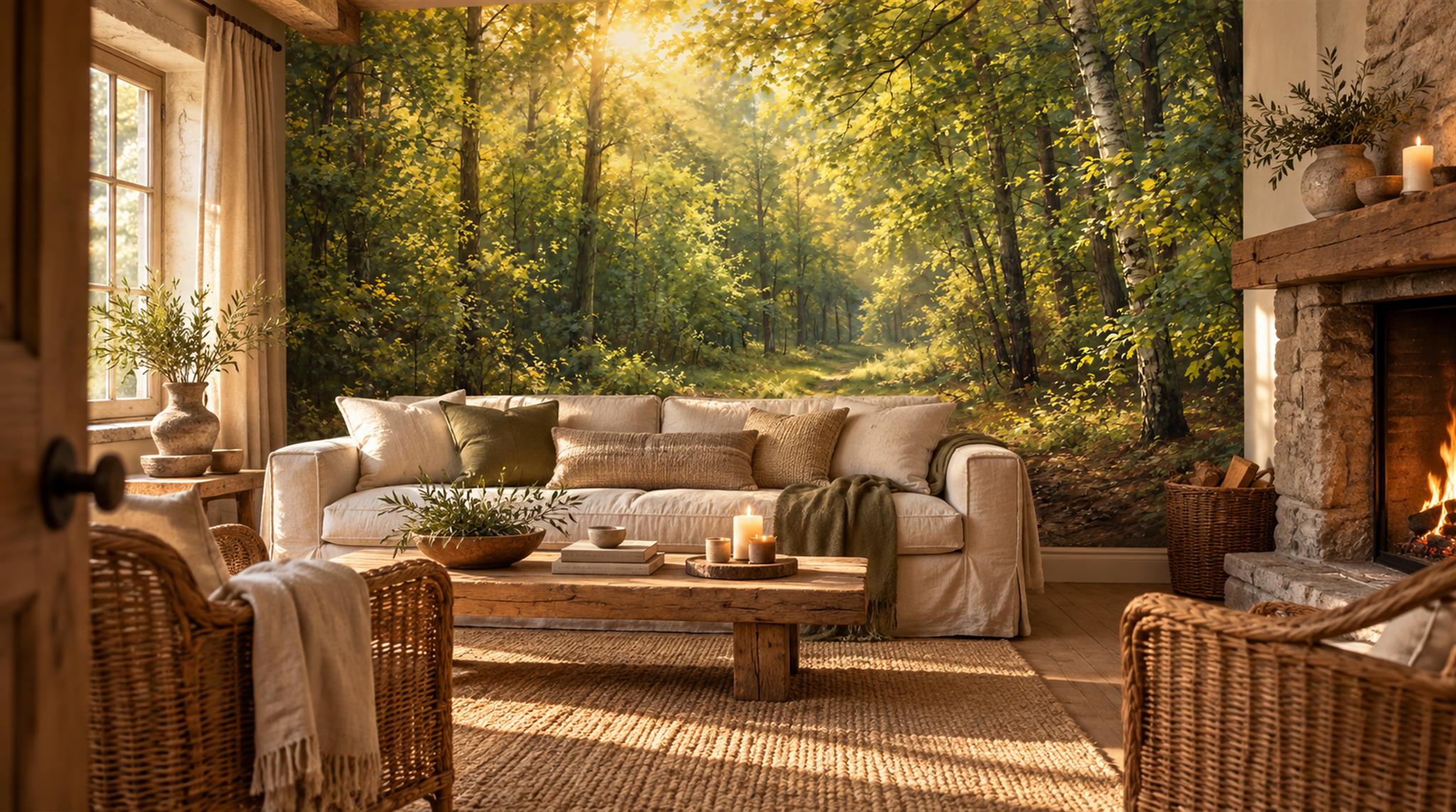 Gold And Neutral Woodland Trees Forest Wallpaper Mural Accent-wall-wallpaper-murals, Peel-and-stick Finish
