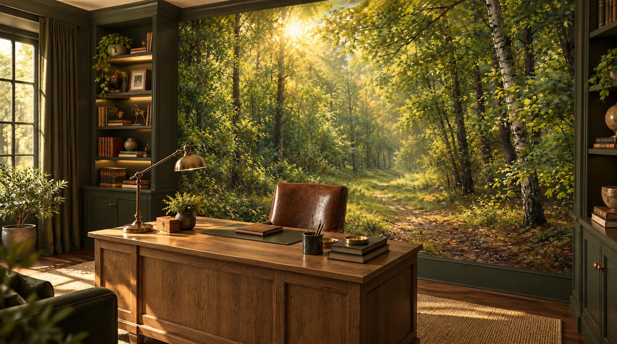 Gold And Neutral Woodland Trees Forest Wallpaper Mural Home-office-wallpaper-murals, Shown In A Home Office, Peel-and-stick Finish