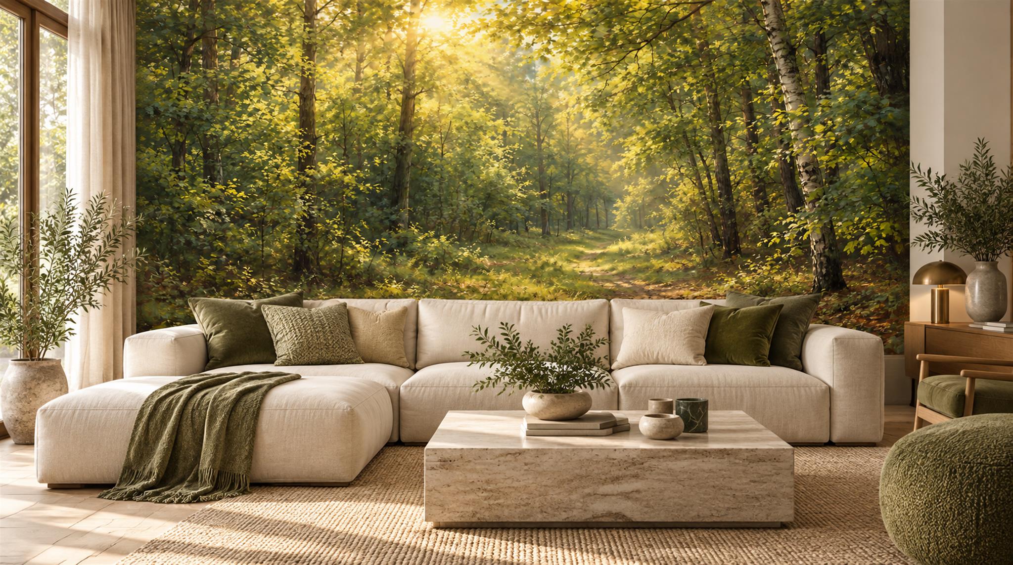 Sunlit Forest Path And Green Trees Wallpaper Mural — Wallpaper Mural Design, Peel-and-stick Finish
