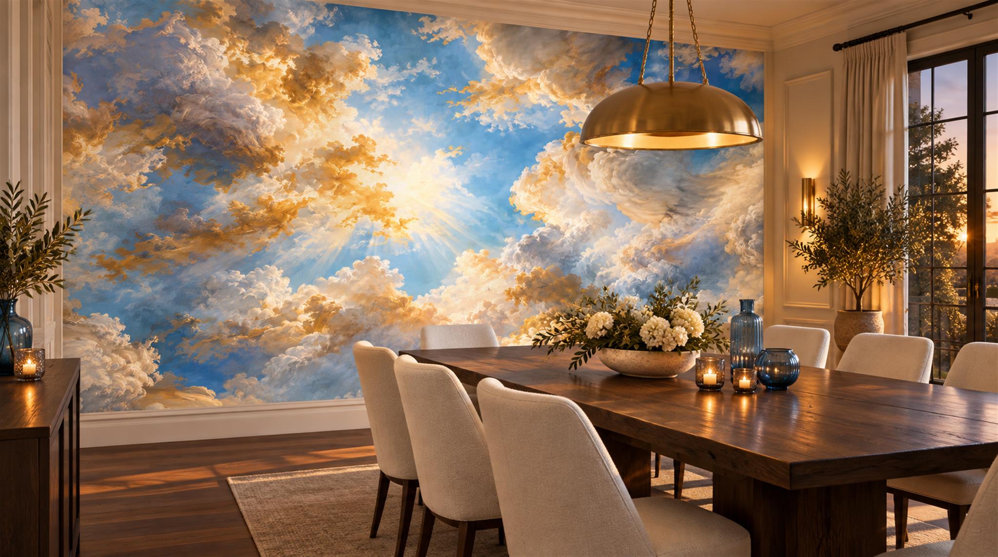Red And Blue Decorative Patterning Atmospheric Wallpaper Mural Dining-room-wallpaper-murals, Shown In A Dining Room, Peel-and-stick Finish