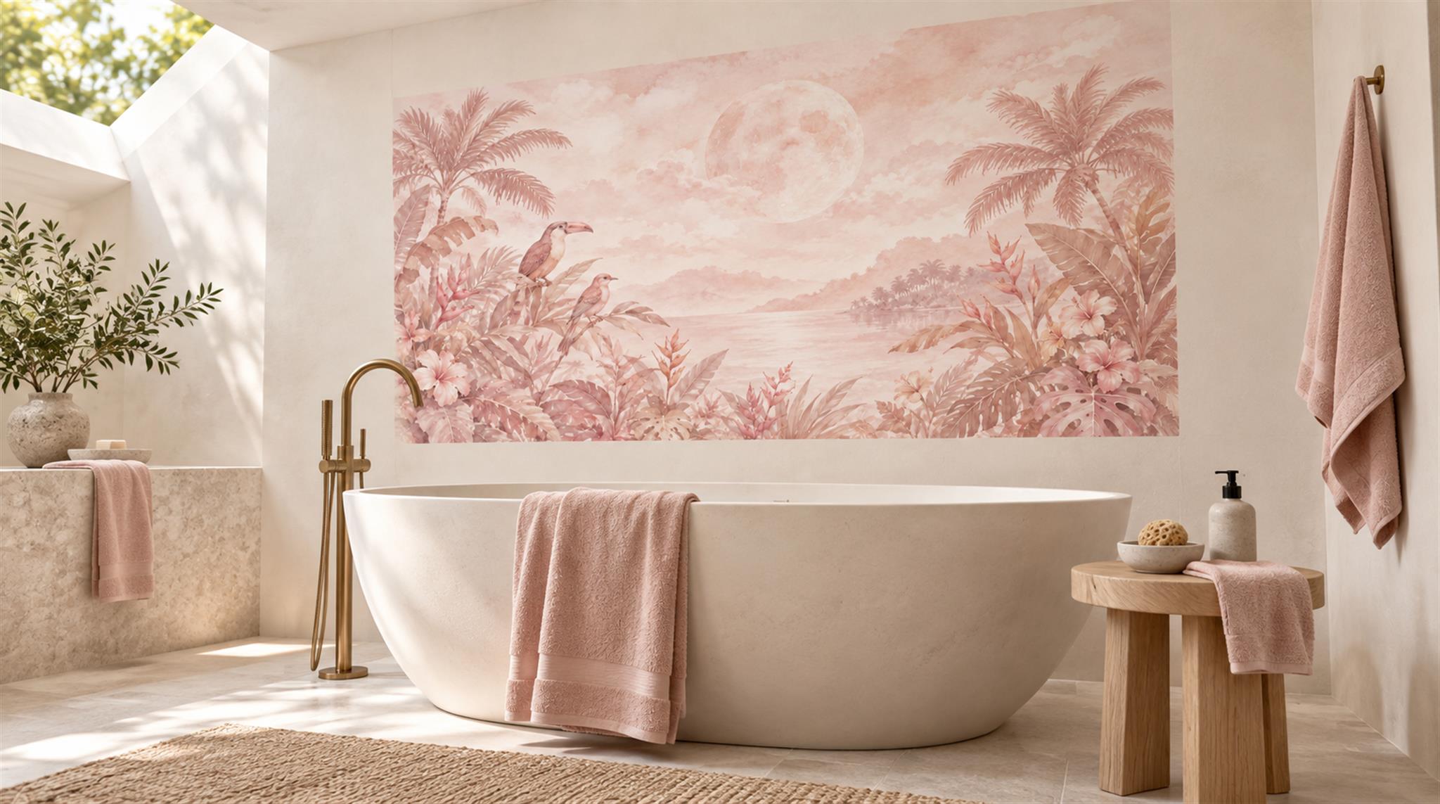 Pink And Neutral Palm Leaves Decorative Wallpaper Mural Cafe-wallpaper-murals, Peel-and-stick Finish