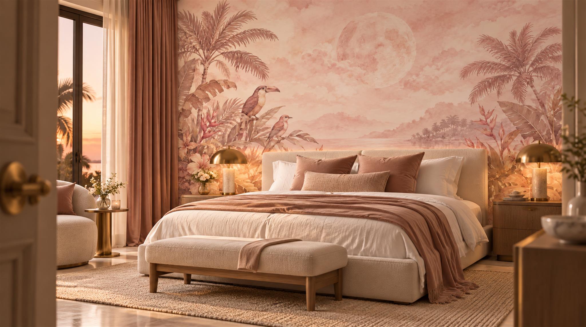 Pink And Neutral Palm Leaves Decorative Wallpaper Mural Accent-wall-wallpaper-murals, Peel-and-stick Finish