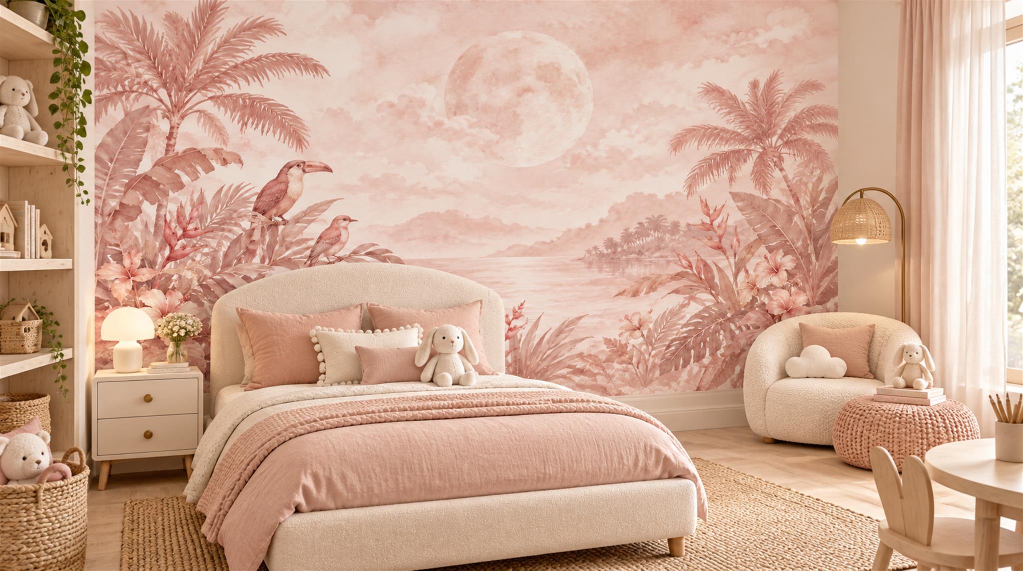 Pink And Neutral Palm Leaves Decorative Wallpaper Mural Kids-room-wallpaper-murals, Peel-and-stick Finish