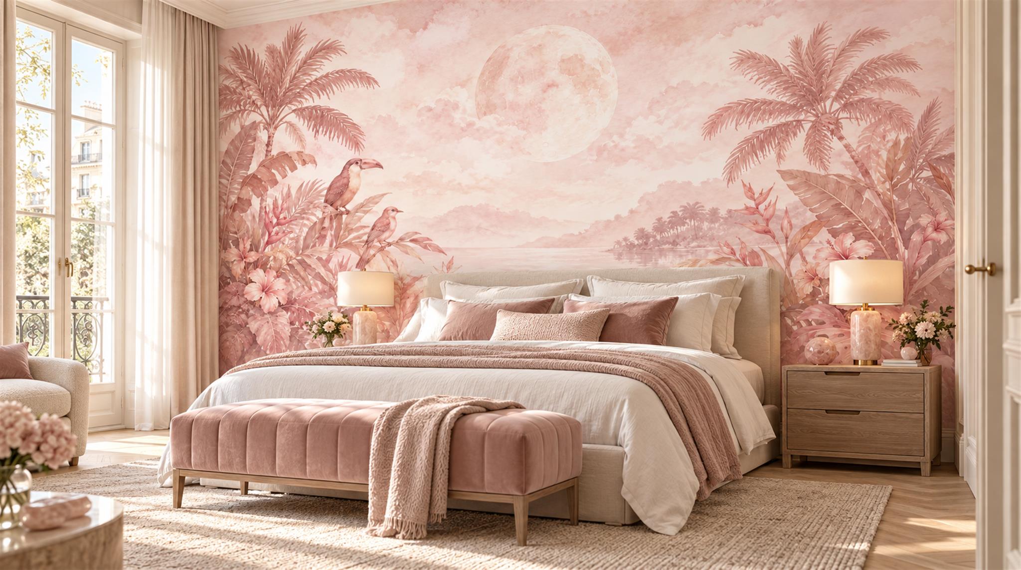 Pink And Neutral Palm Leaves Decorative Wallpaper Mural Bedroom-wallpaper-murals, Peel-and-stick Finish