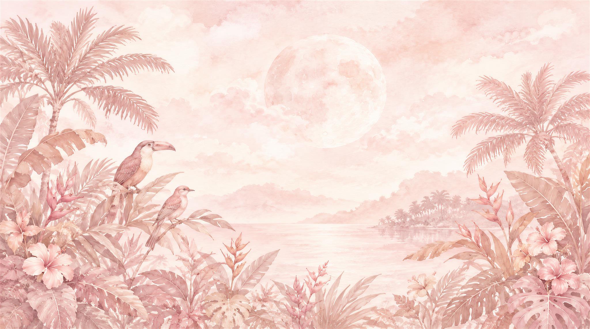 Pink And Neutral Palm Leaves Decorative Wallpaper Mural Accent-wall-wallpaper-murals, Peel-and-stick Finish
