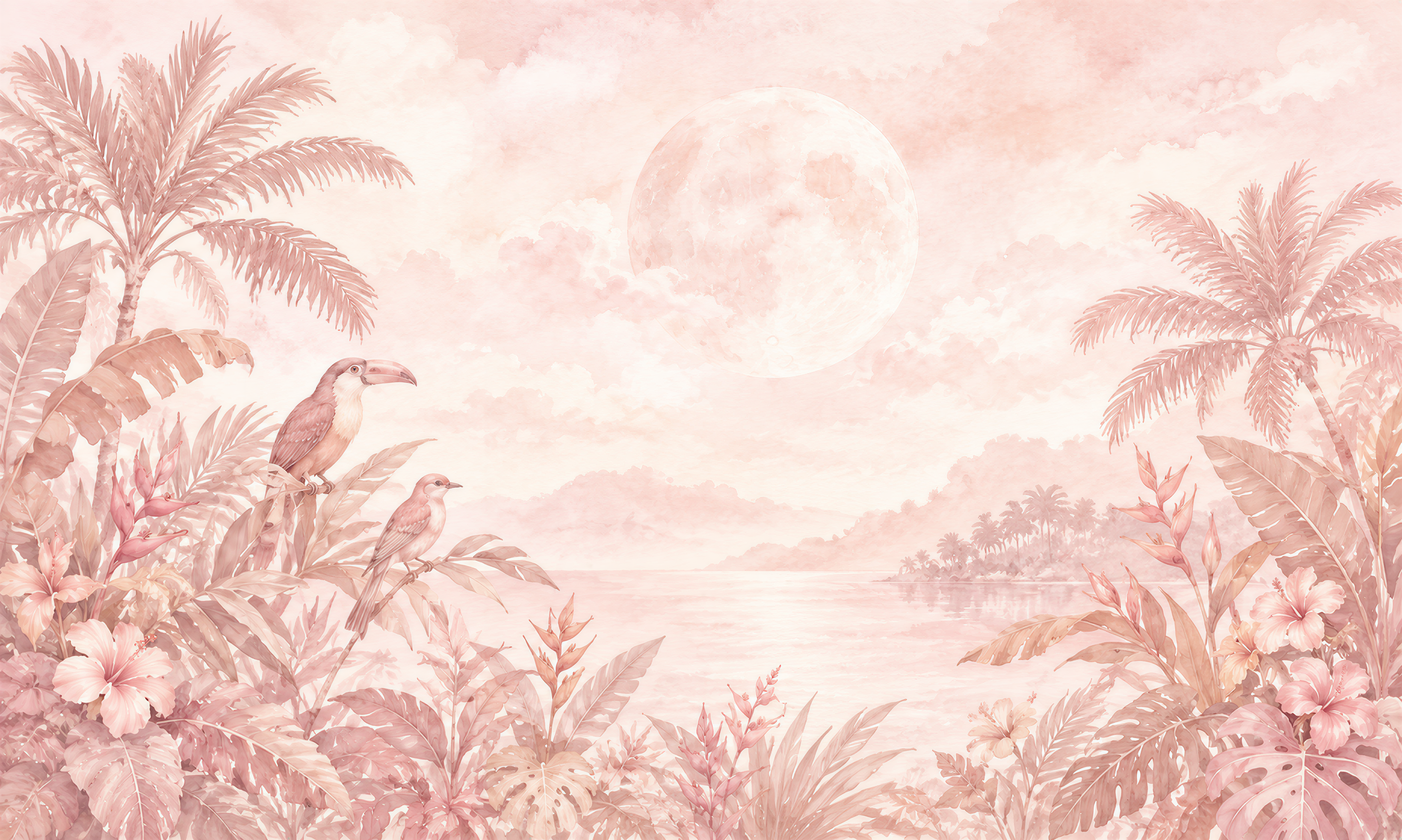 Pink And Neutral Palm Leaves Decorative Wallpaper Mural Cafe-wallpaper-murals, Peel-and-stick Finish