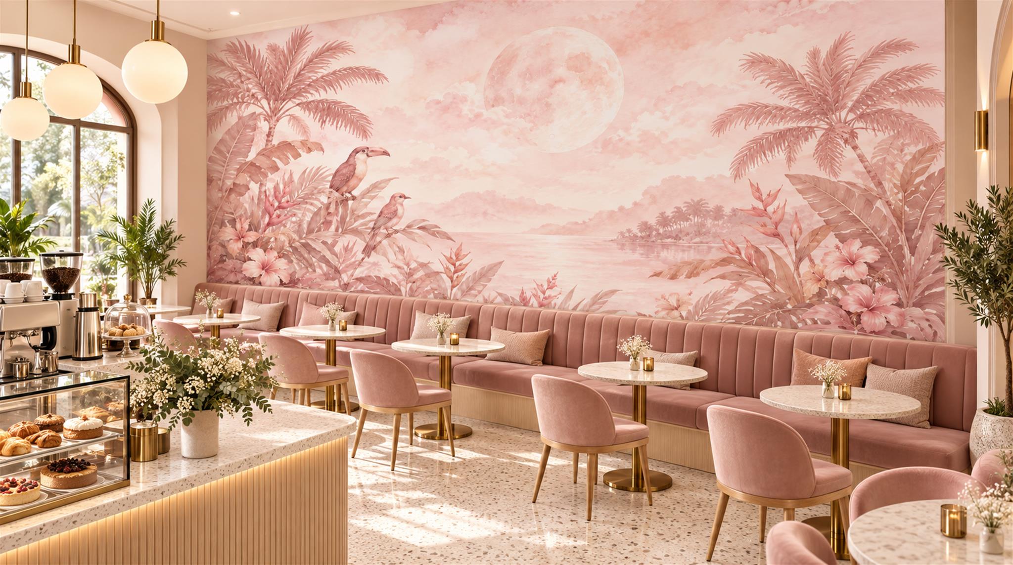 Pink And Neutral Palm Leaves Decorative Wallpaper Mural Accent-wall-wallpaper-murals, Peel-and-stick Finish