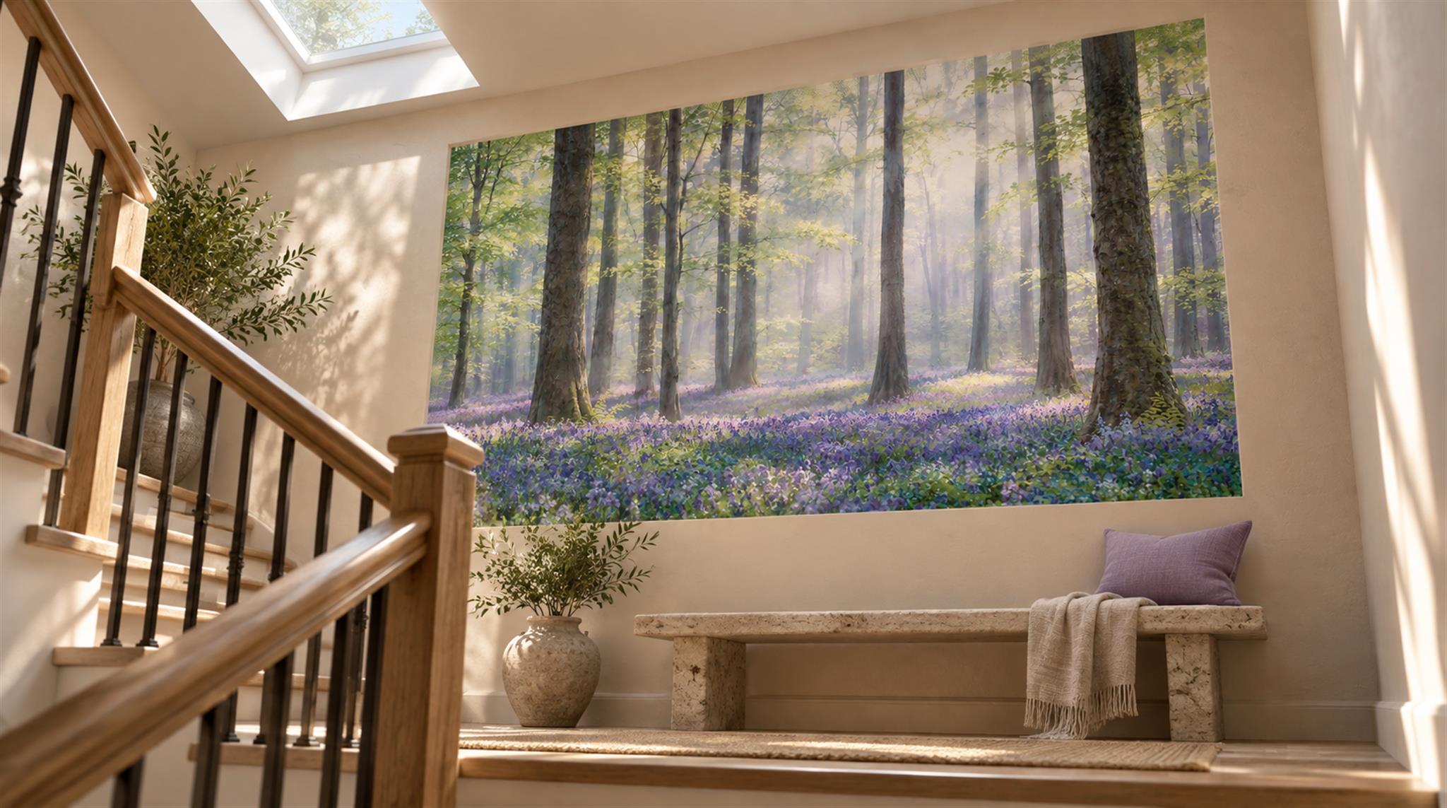 Red And Blue Woodland Trees Wallpaper Mural Accent-wall-wallpaper-murals, Peel-and-stick Finish