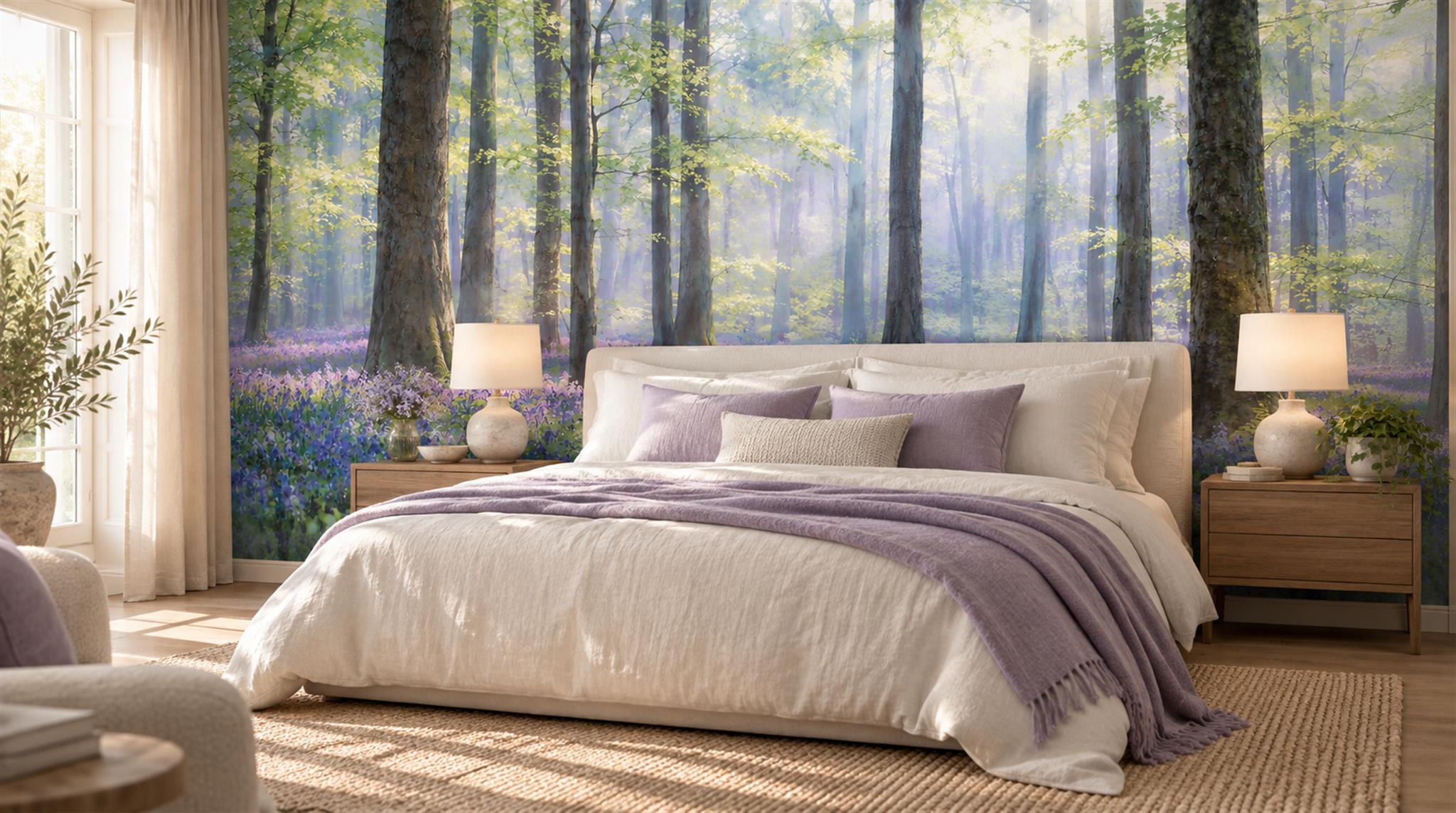 Red And Blue Woodland Trees Wallpaper Mural Bedroom-wallpaper-murals, Peel-and-stick Finish