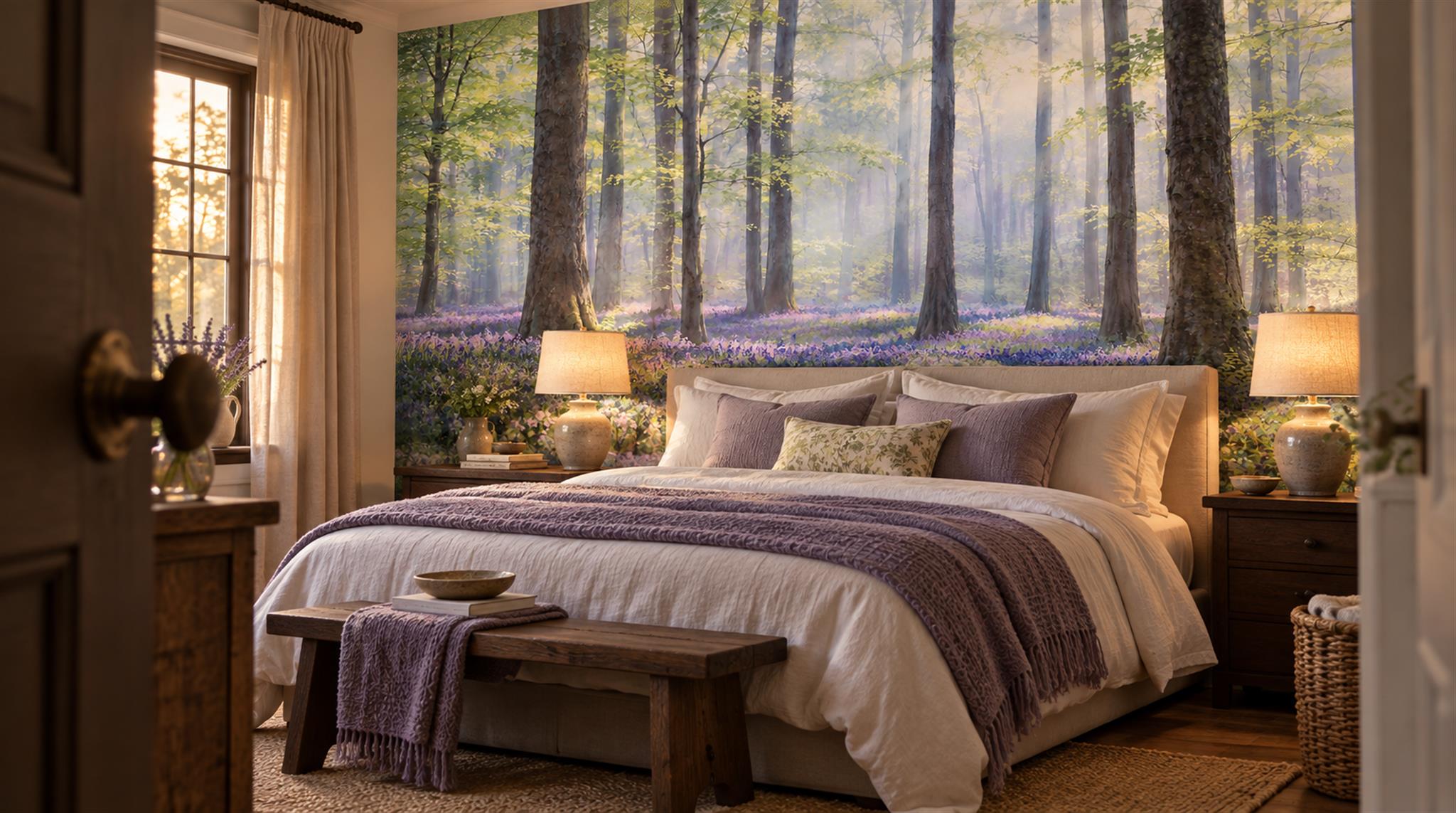 Red And Blue Woodland Trees Wallpaper Mural Accent-wall-wallpaper-murals, Peel-and-stick Finish