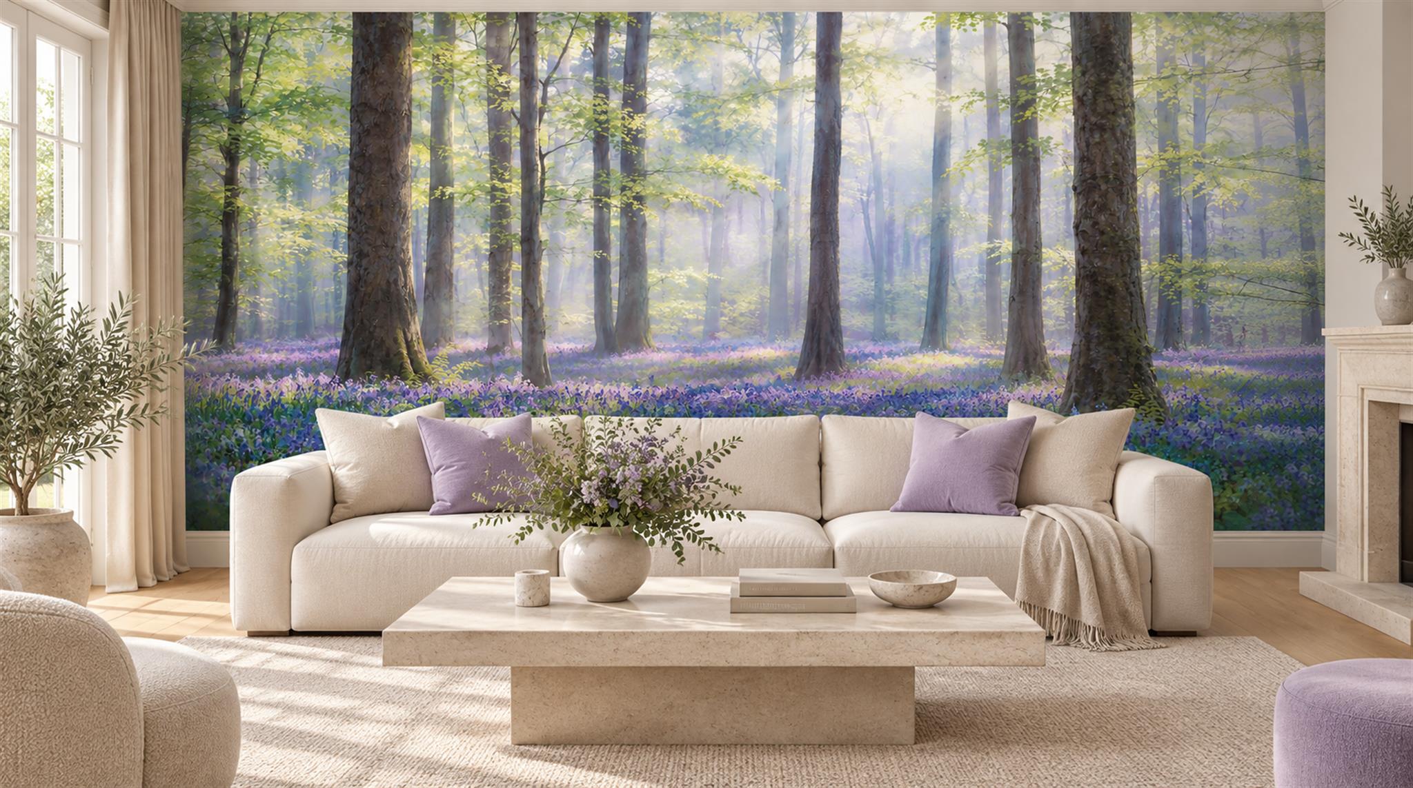 Red And Blue Woodland Trees Wallpaper Mural Living-room-wallpaper-murals, Shown In A Living Room, Peel-and-stick Finish