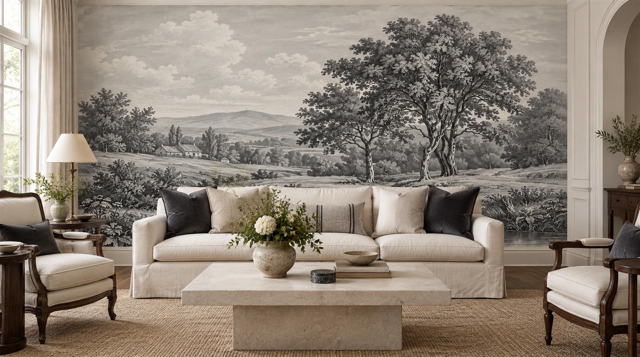 Neutral A Painterly Scenic View Watercolour Wallpaper Mural Living-room-wallpaper-murals, Shown In A Living Room, Peel-and-stick Finish