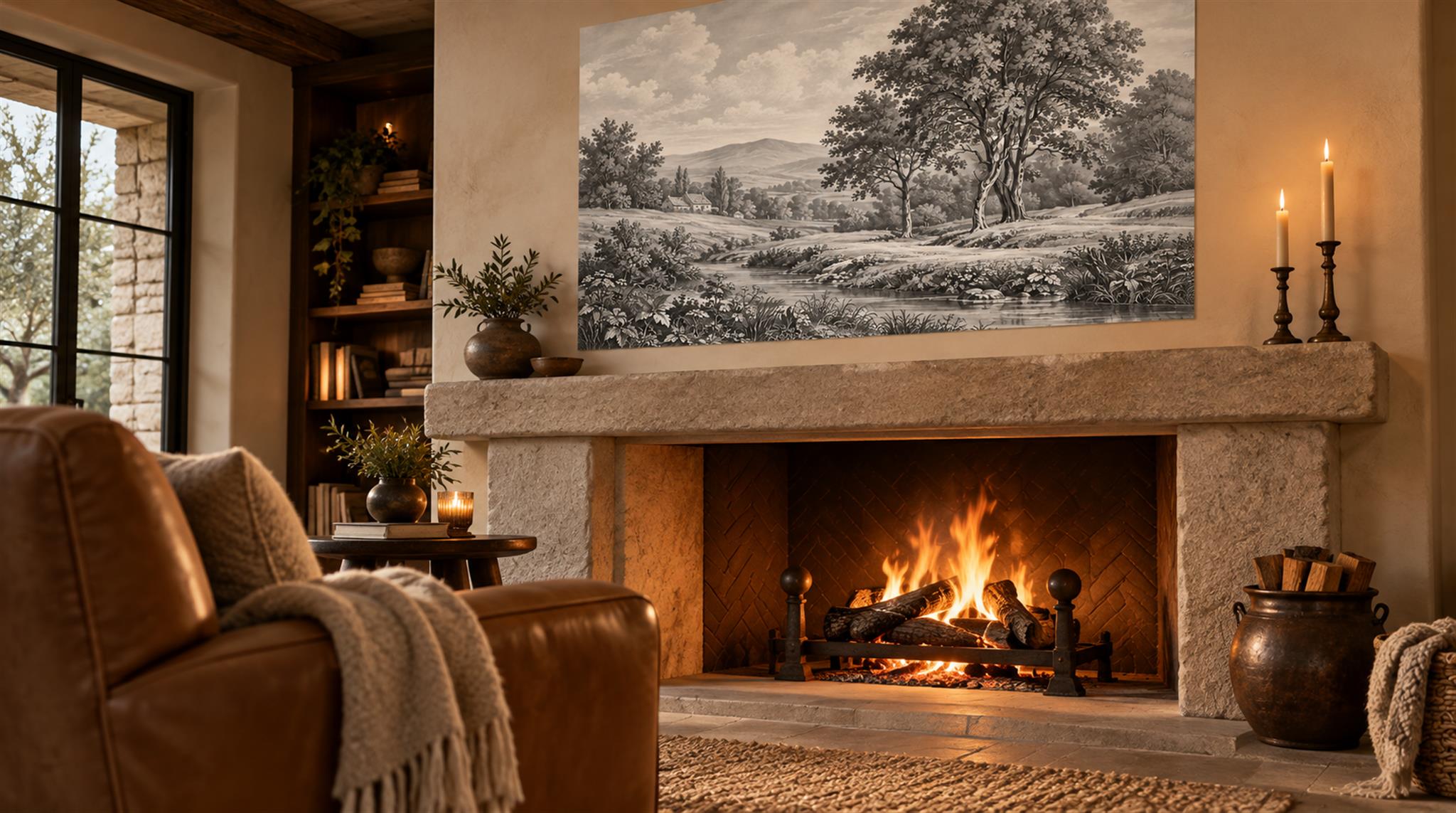 Neutral A Painterly Scenic View Watercolour Wallpaper Mural Accent-wall-wallpaper-murals, Peel-and-stick Finish