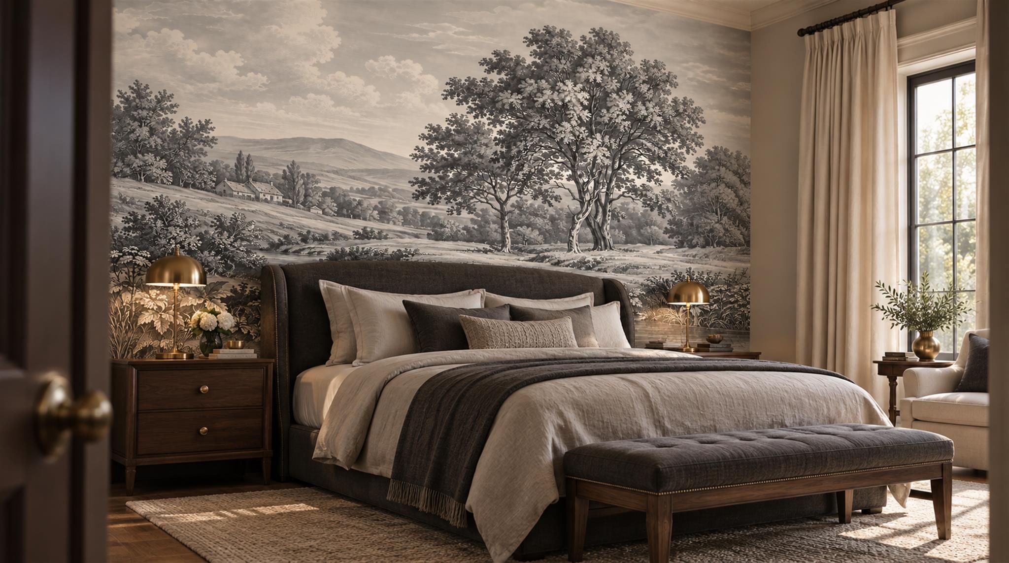 Neutral A Painterly Scenic View Watercolour Wallpaper Mural Accent-wall-wallpaper-murals, Peel-and-stick Finish