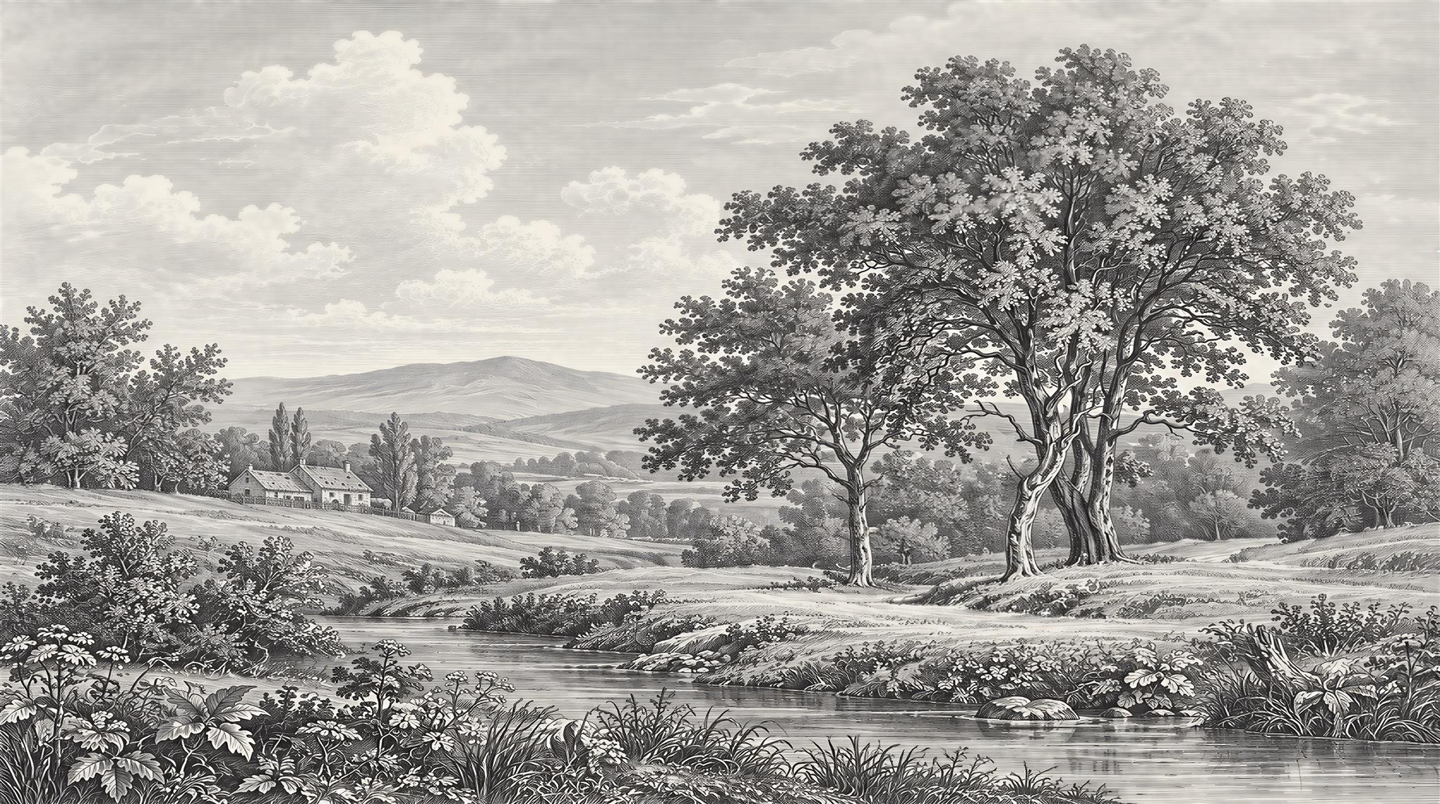 Black And White Country Stream Beneath A Flowering Tree Wallpaper Mural — Wallpaper Mural Design, Peel-and-stick Finish