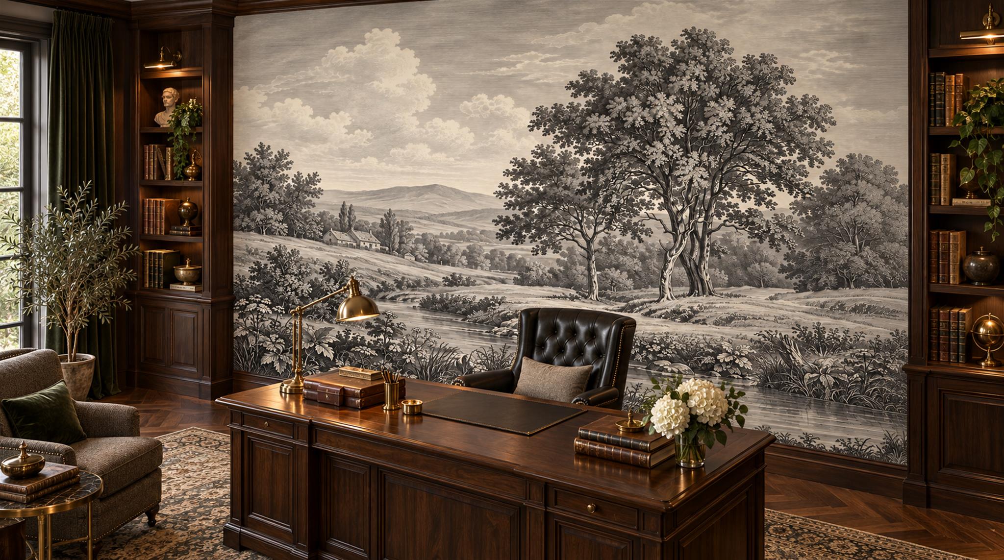 Neutral A Painterly Scenic View Watercolour Wallpaper Mural Library-wallpaper-murals, Peel-and-stick Finish
