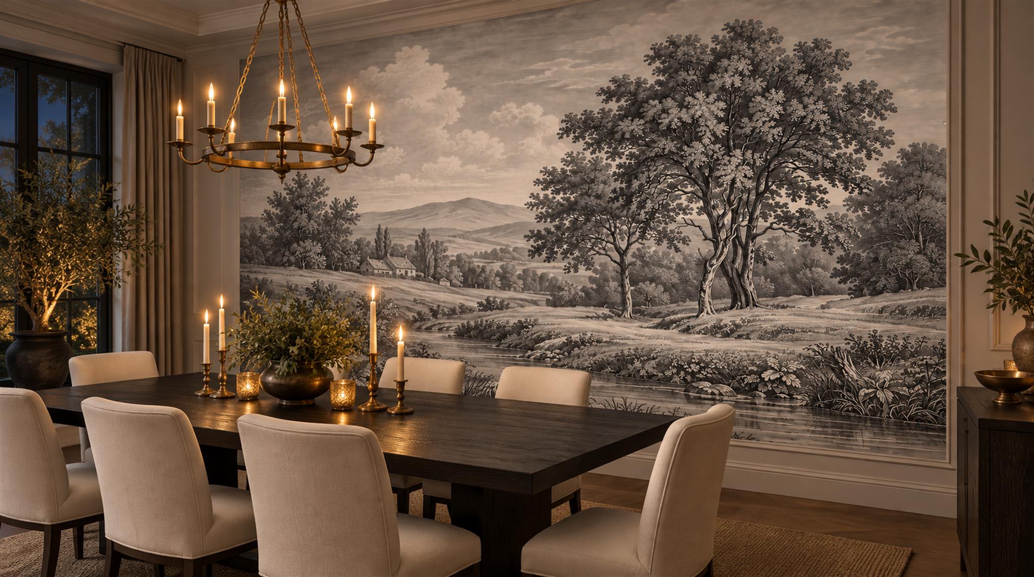 Neutral A Painterly Scenic View Watercolour Wallpaper Mural Library-wallpaper-murals, Peel-and-stick Finish