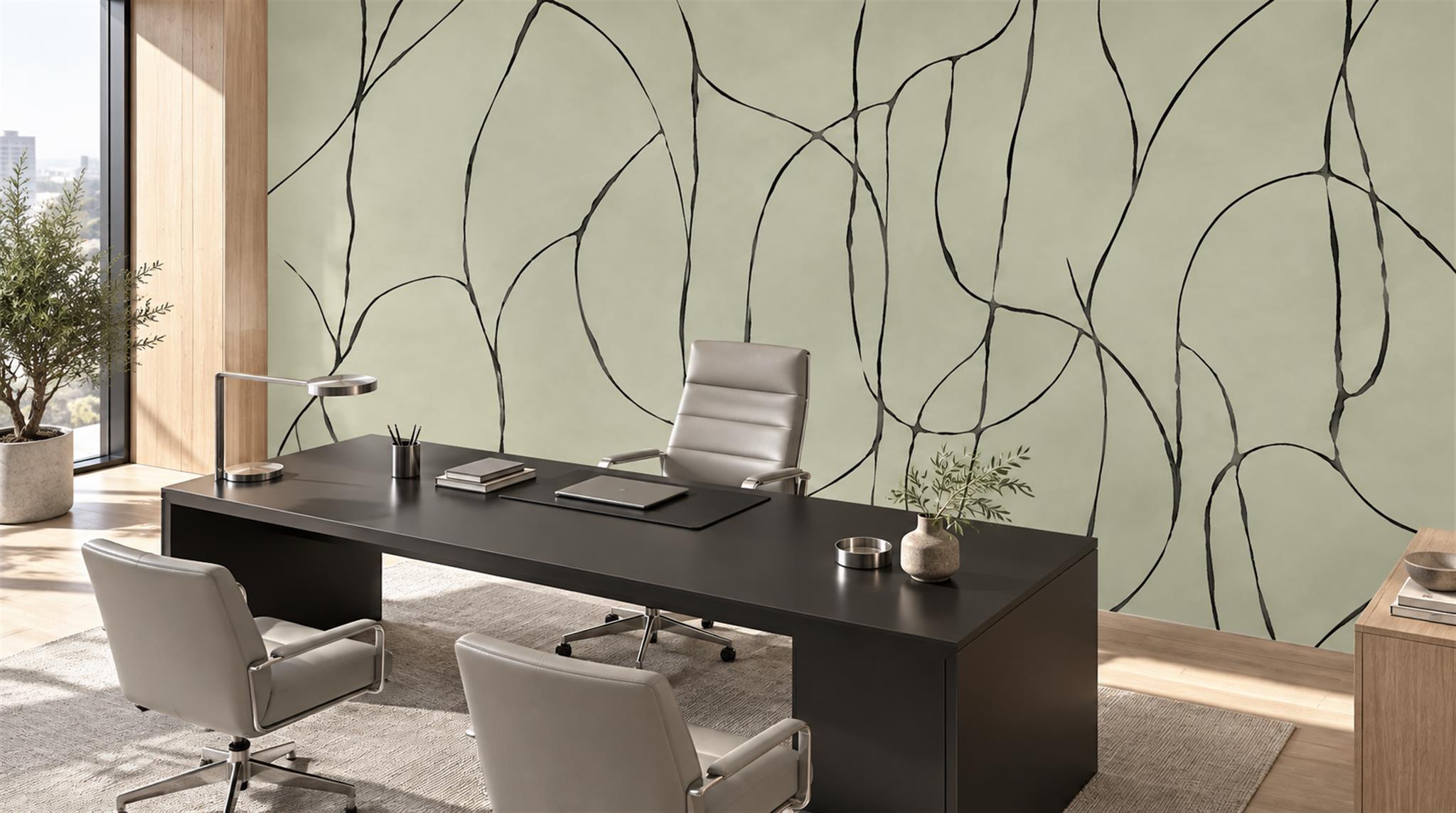 Ivory And Neutral Abstract Forms Linear Wallpaper Mural Office-wallpaper-murals, Shown In A Home Office, Peel-and-stick Finish