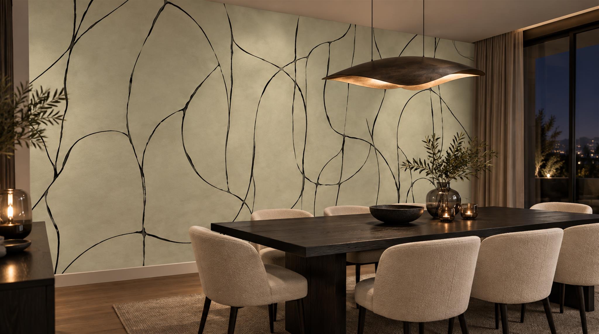 Ivory And Neutral Abstract Forms Linear Wallpaper Mural Dining-room-wallpaper-murals, Shown In A Dining Room, Peel-and-stick Finish
