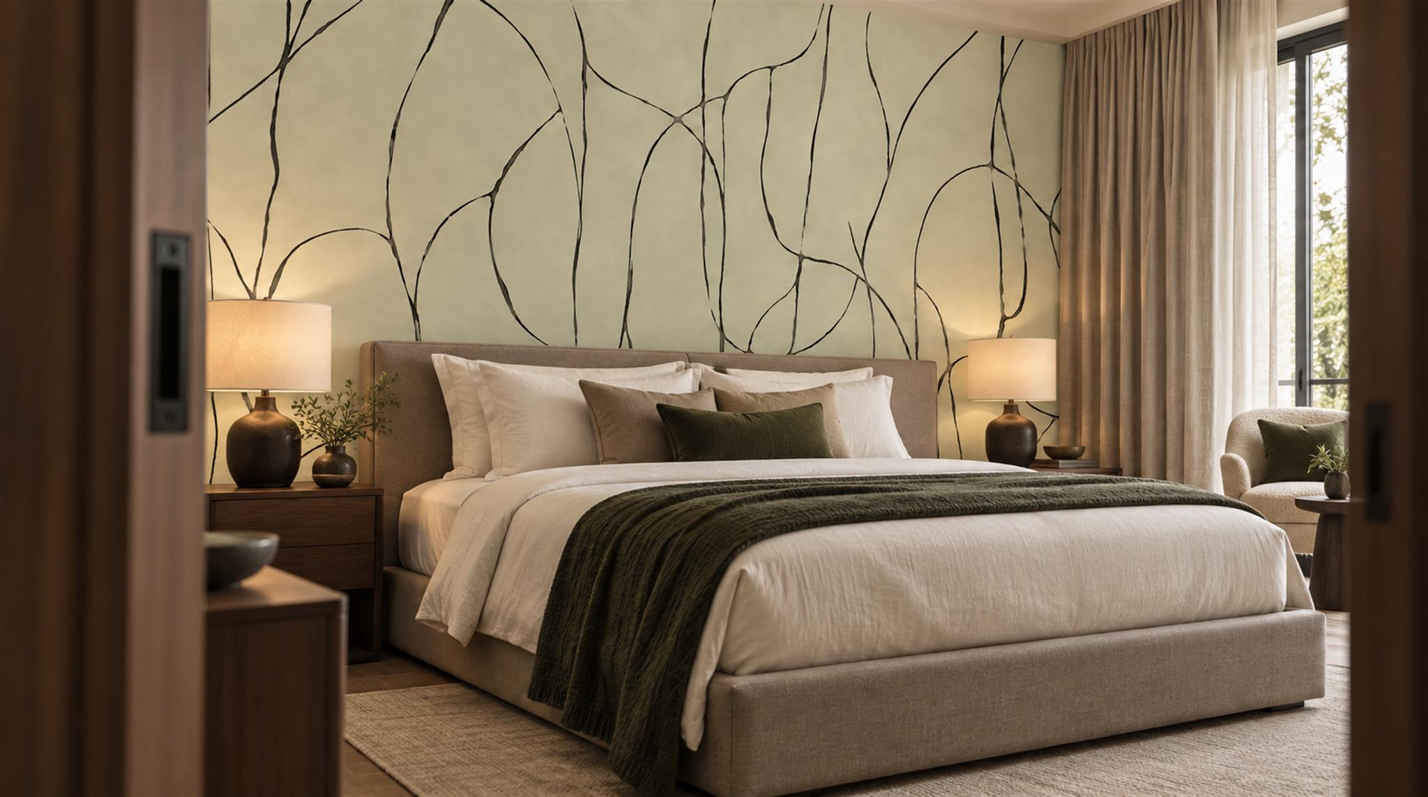 Ivory And Neutral Abstract Forms Linear Wallpaper Mural, Peel-and-stick Finish