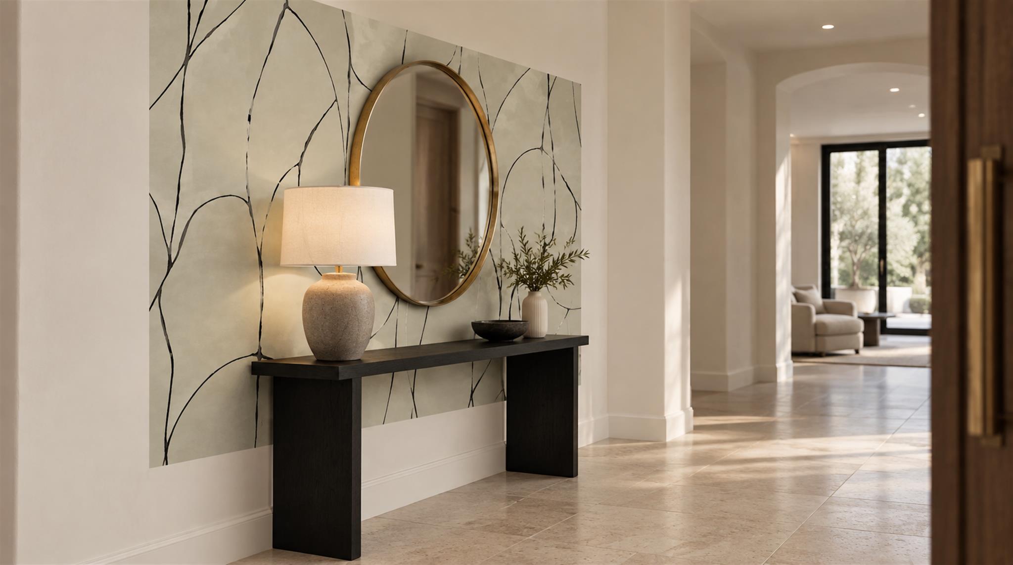 Ivory And Neutral Abstract Forms Linear Wallpaper Mural Entryway-wallpaper-murals, Peel-and-stick Finish