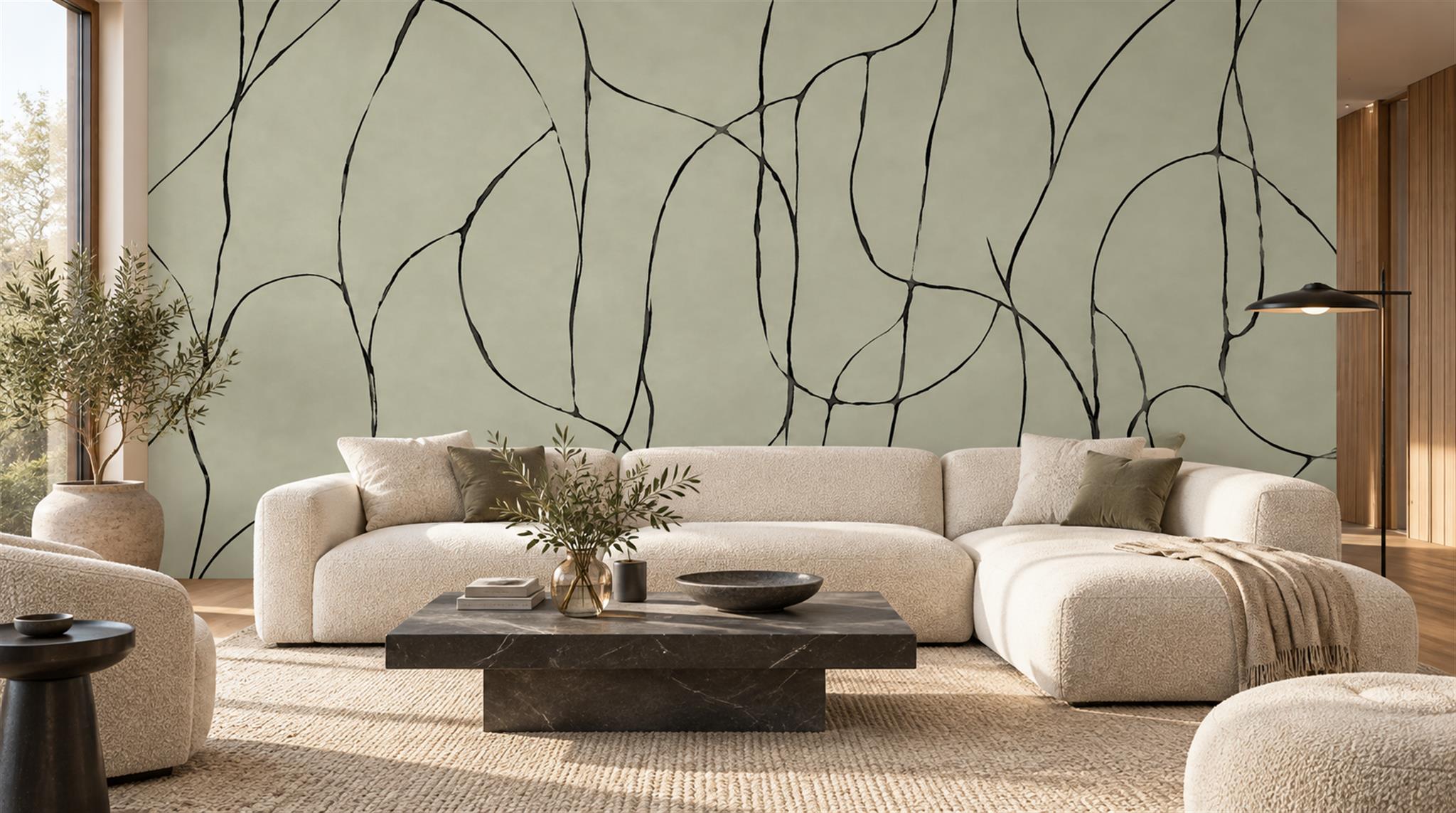 Ivory Abstract Looping Line Wallpaper Mural — Wallpaper Mural Design, Peel-and-stick Finish
