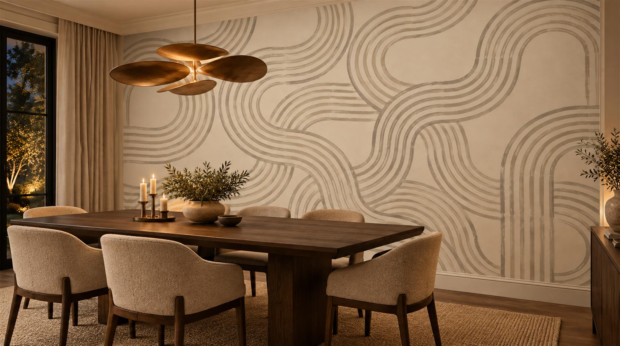Beige And Tan Abstract Forms Wallpaper Mural Dining-room-wallpaper-murals, Shown In A Dining Room, Peel-and-stick Finish