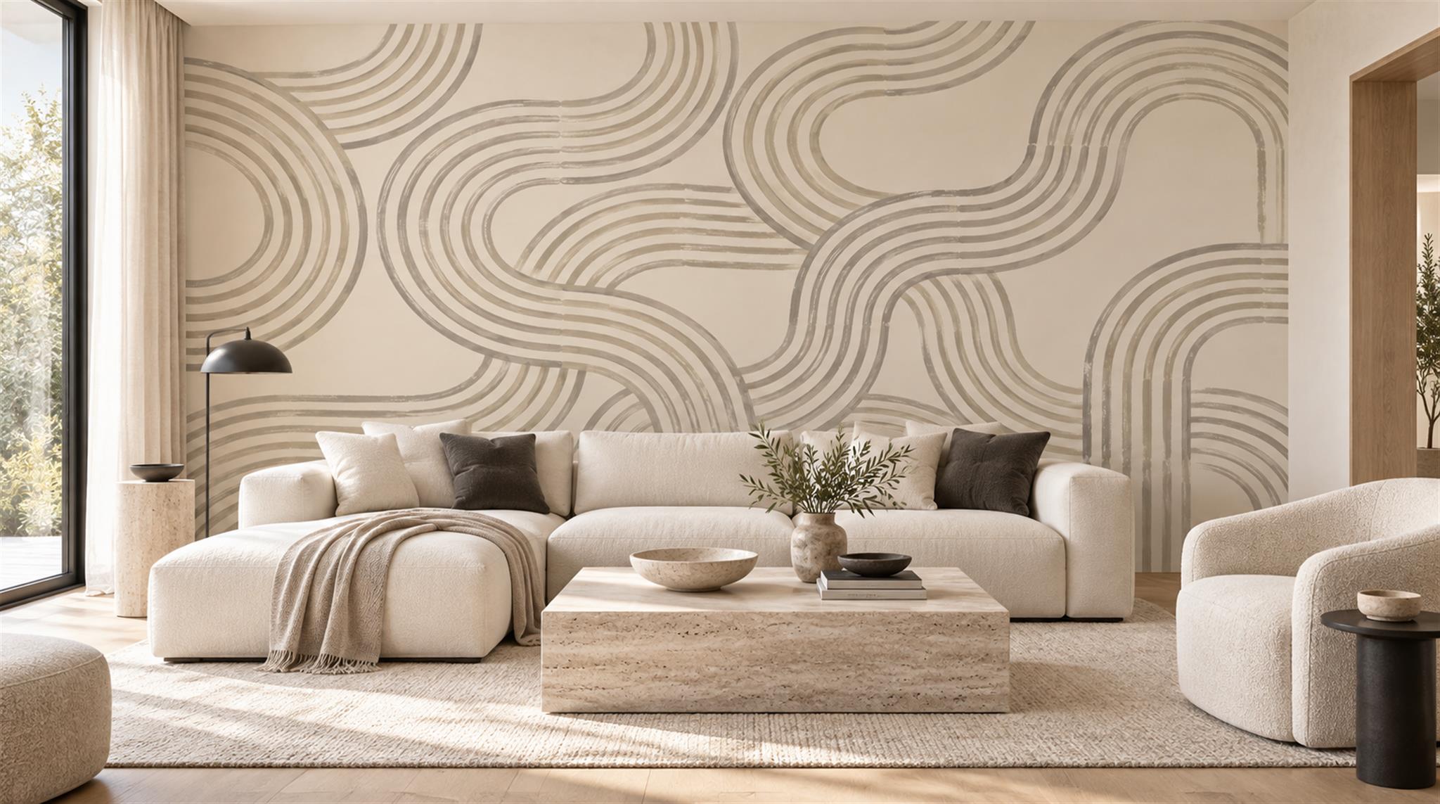 Beige And Tan Abstract Forms Wallpaper Mural Living-room-wallpaper-murals, Peel-and-stick Finish