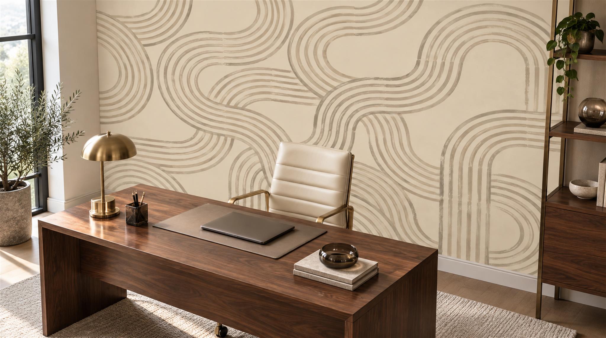 Beige And Tan Abstract Forms Wallpaper Mural Living-room-wallpaper-murals, Peel-and-stick Finish