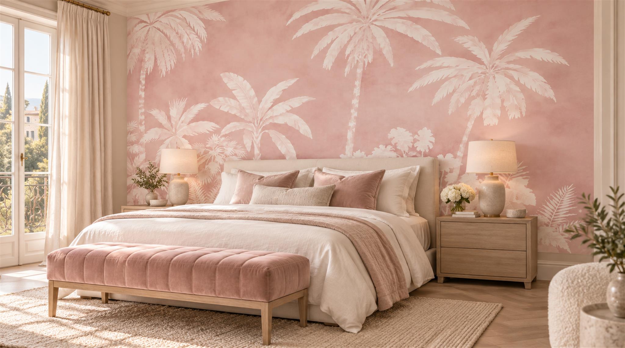 Pink And Neutral Palm Leaves Layered Wallpaper Mural Bedroom-wallpaper-murals, Peel-and-stick Finish