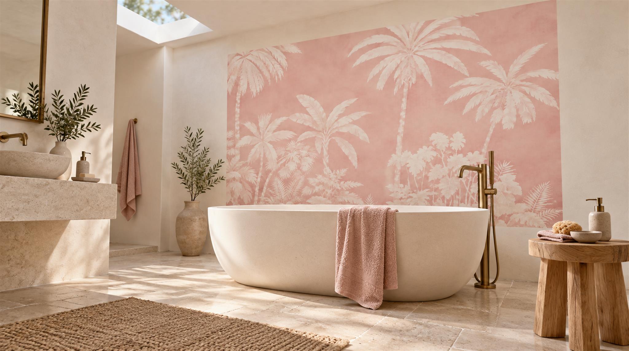 Pink And Neutral Palm Leaves Layered Wallpaper Mural, Peel-and-stick Finish