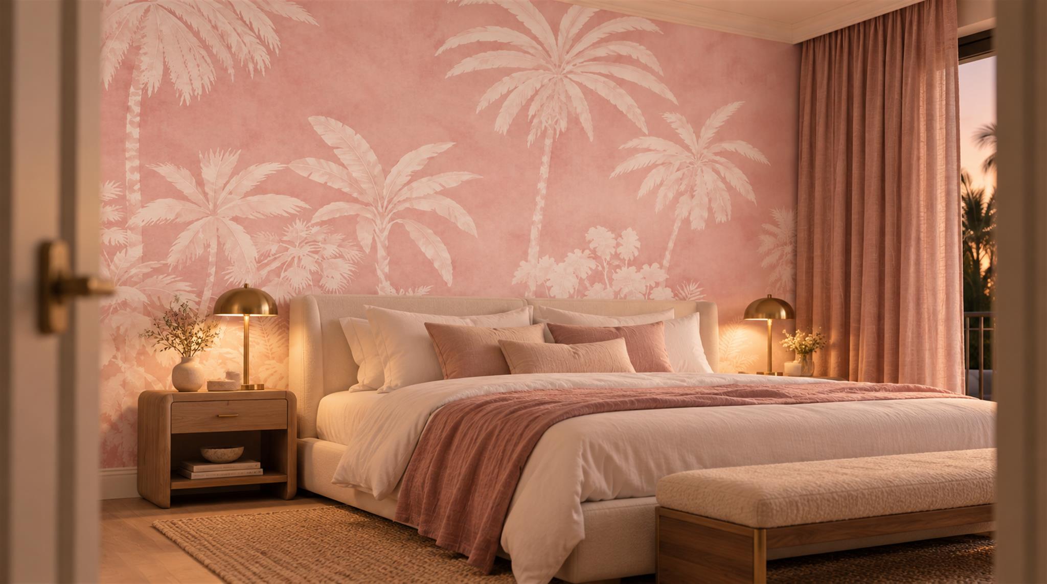 Pink And Neutral Palm Leaves Layered Wallpaper Mural Accent-wall-wallpaper-murals, Peel-and-stick Finish