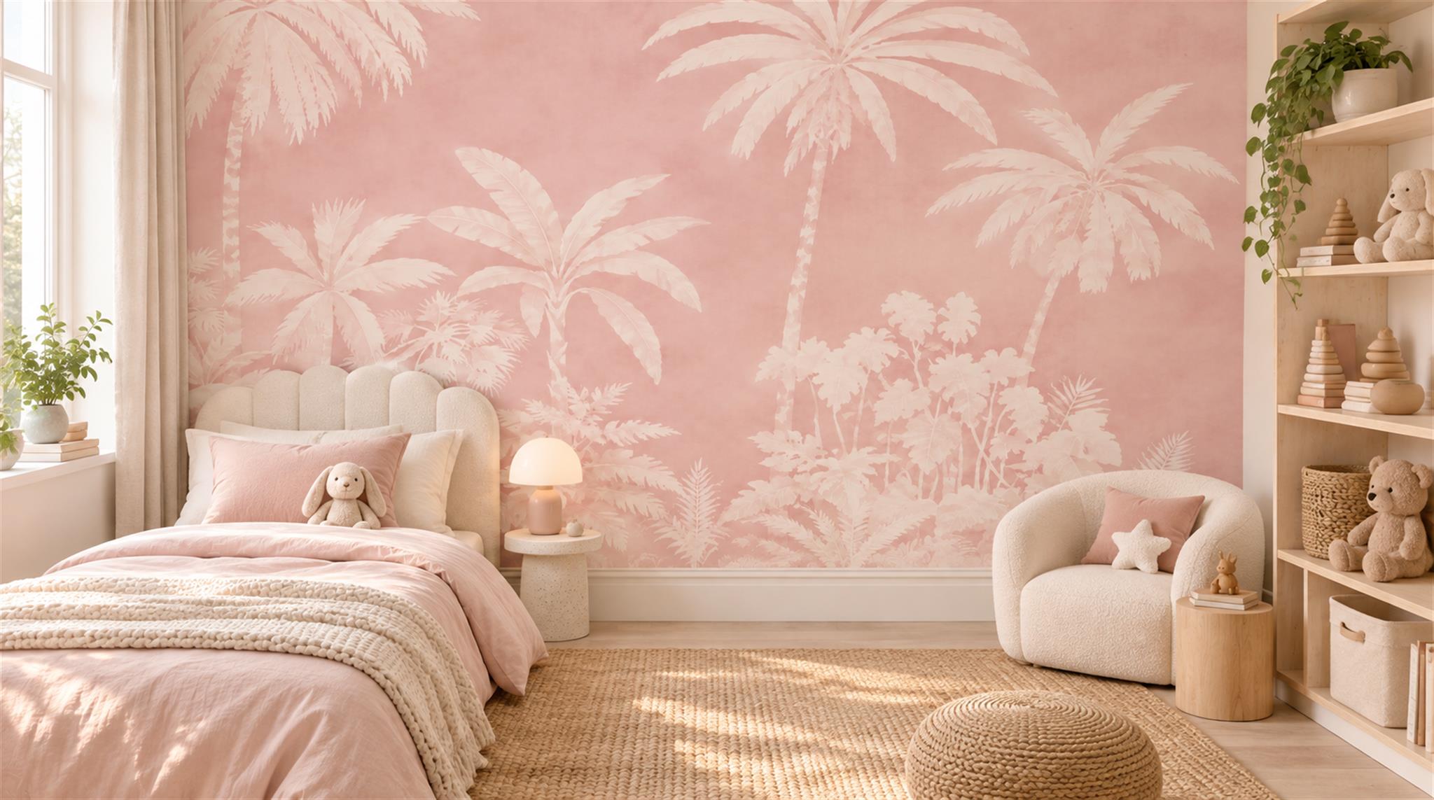 Pink And Neutral Palm Leaves Layered Wallpaper Mural Nursery-wallpaper-murals, Peel-and-stick Finish