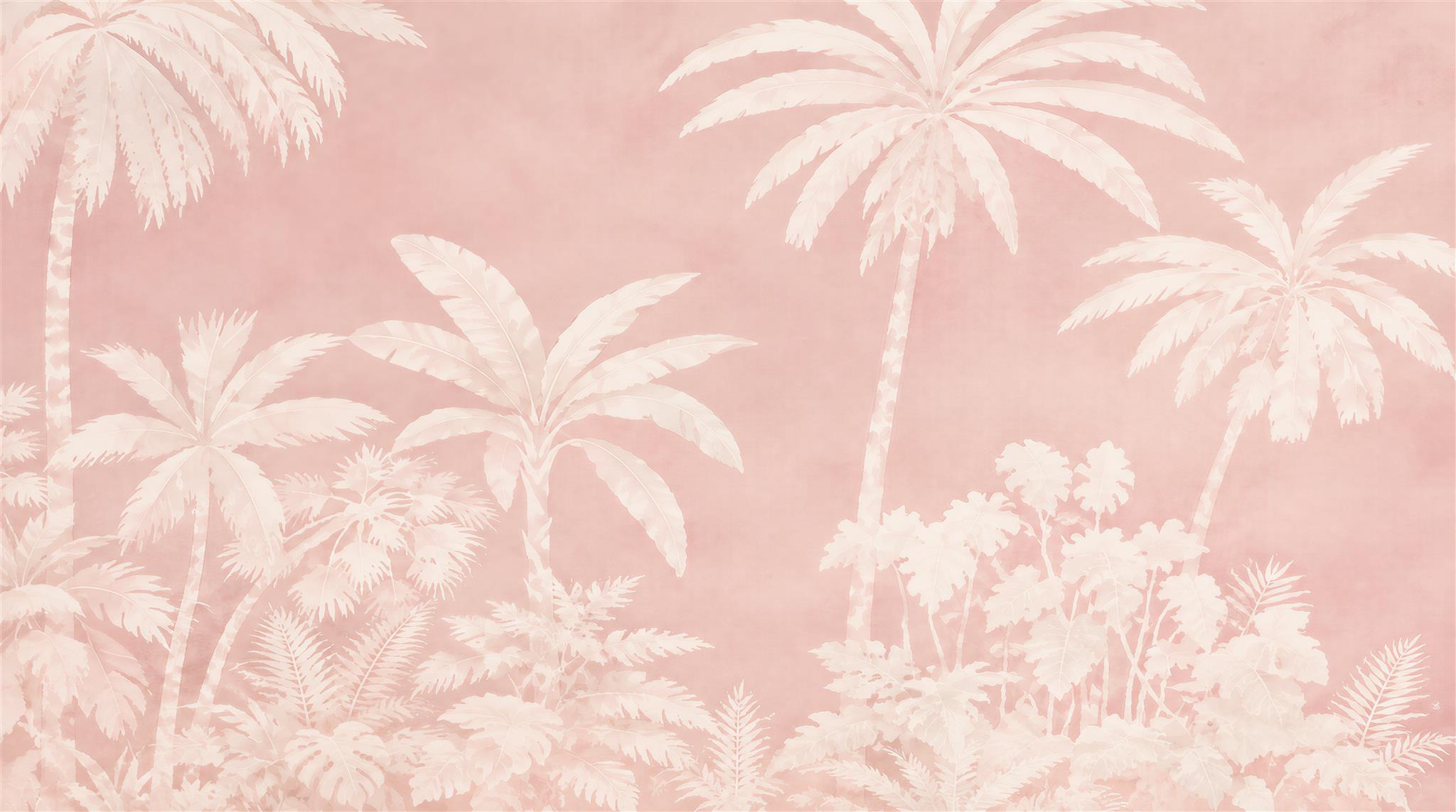 Pink And Neutral Palm Leaves Layered Wallpaper Mural Cafe-wallpaper-murals, Peel-and-stick Finish