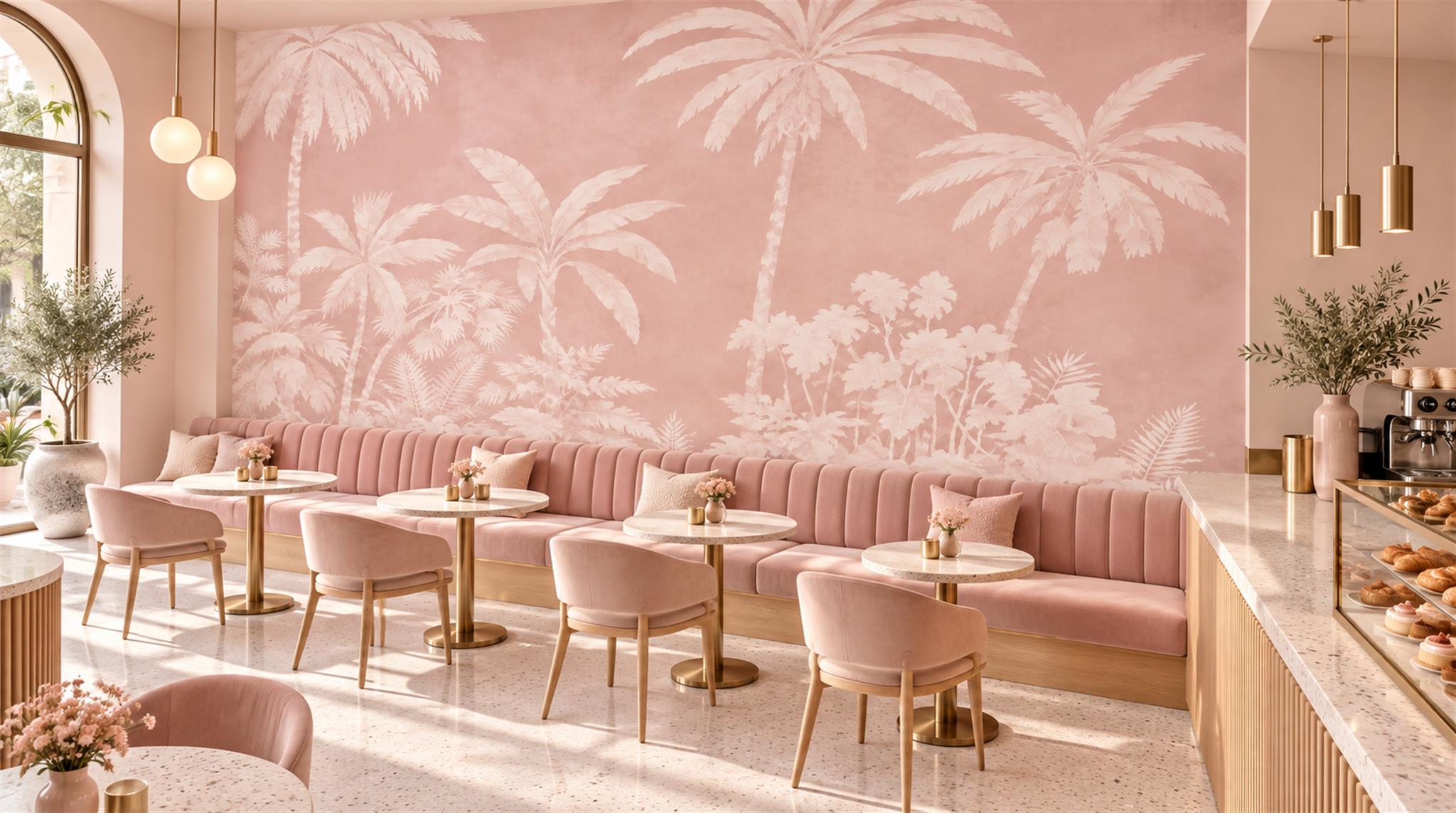 Pink And Neutral Palm Leaves Layered Wallpaper Mural Cafe-wallpaper-murals, Peel-and-stick Finish