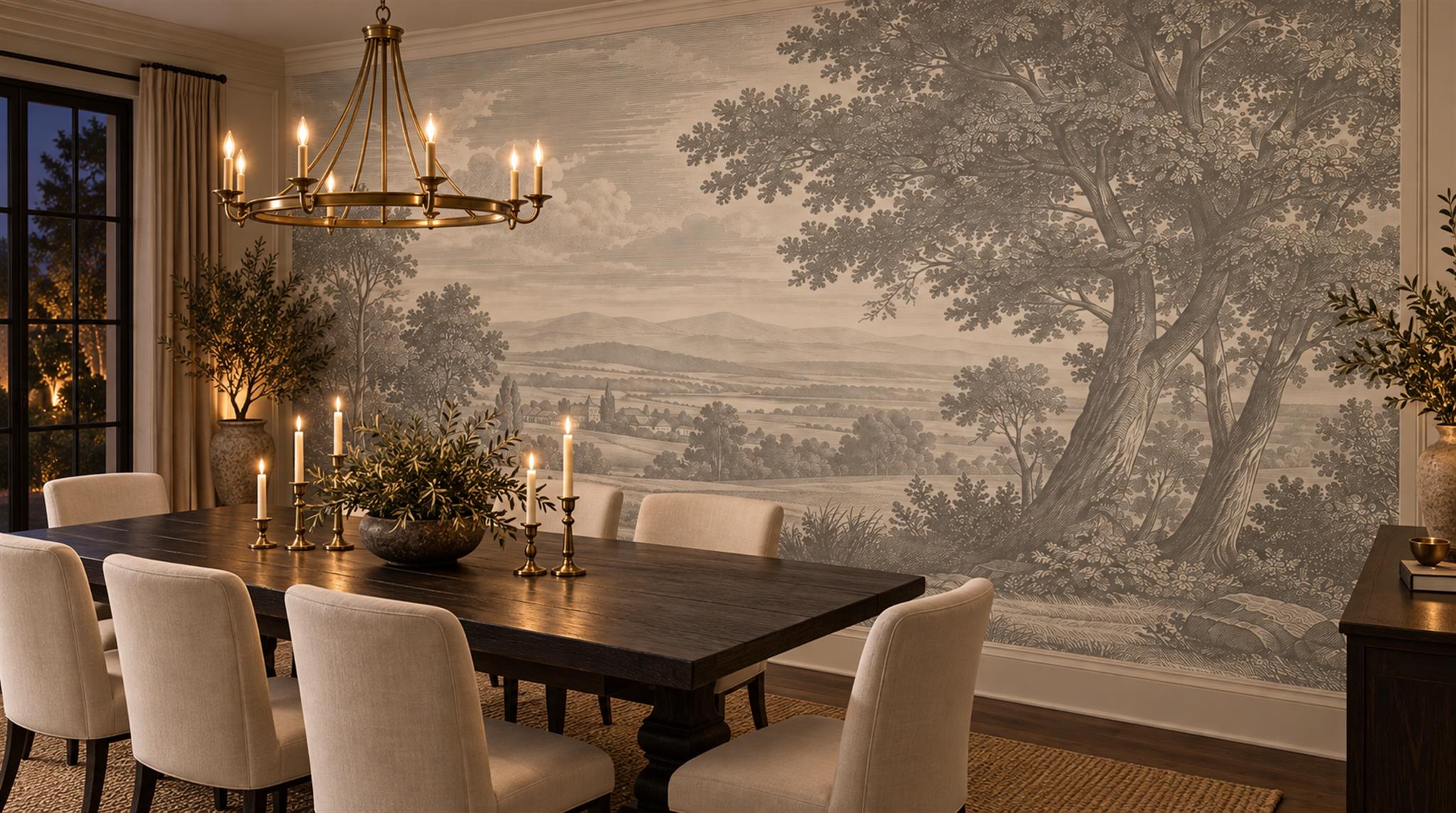 Grey And Neutral A Painterly Scenic View Dining-room-wallpaper-murals, Shown In A Dining Room, Peel-and-stick Finish