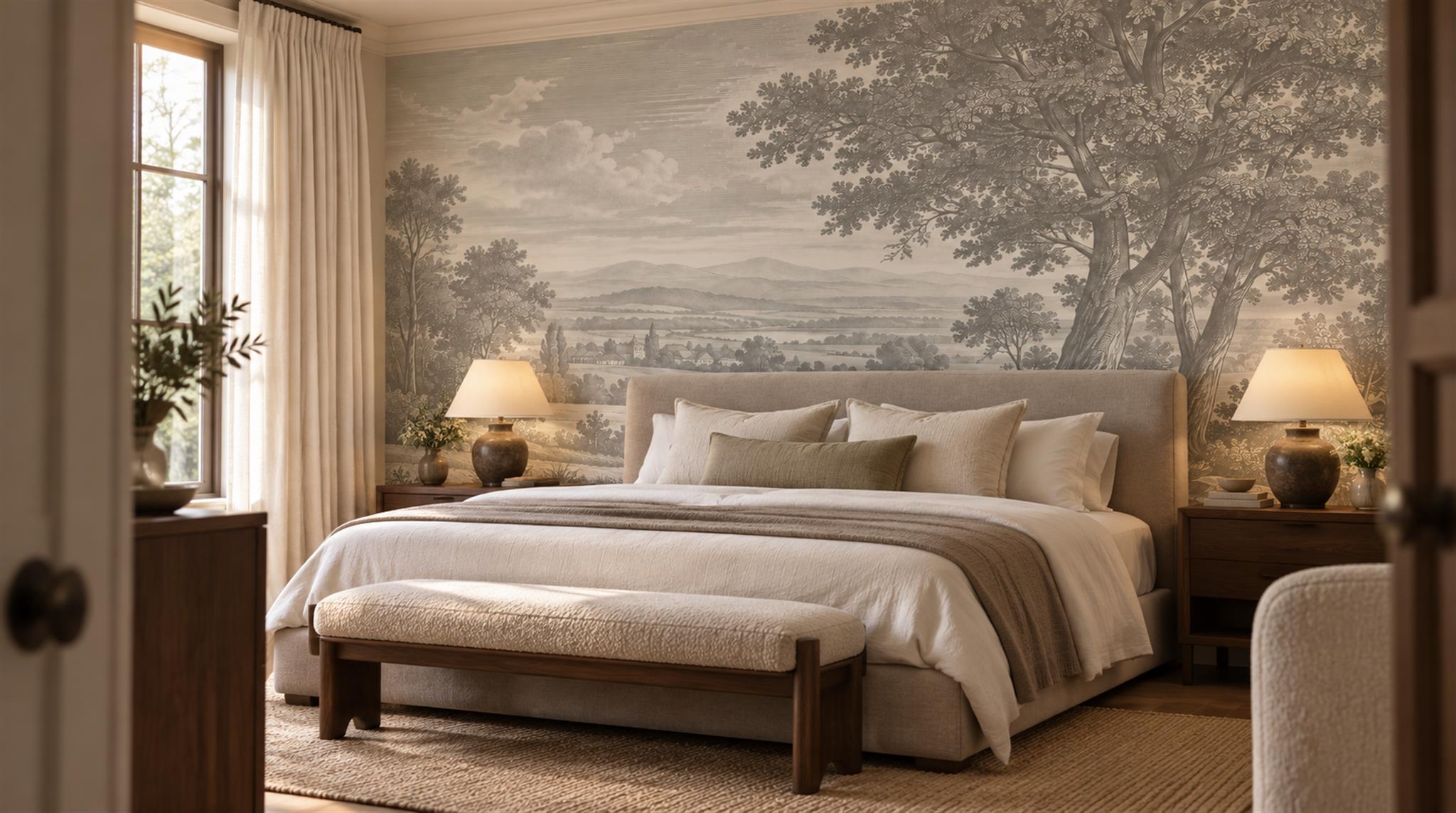 Grey And Neutral A Painterly Scenic View, Peel-and-stick Finish