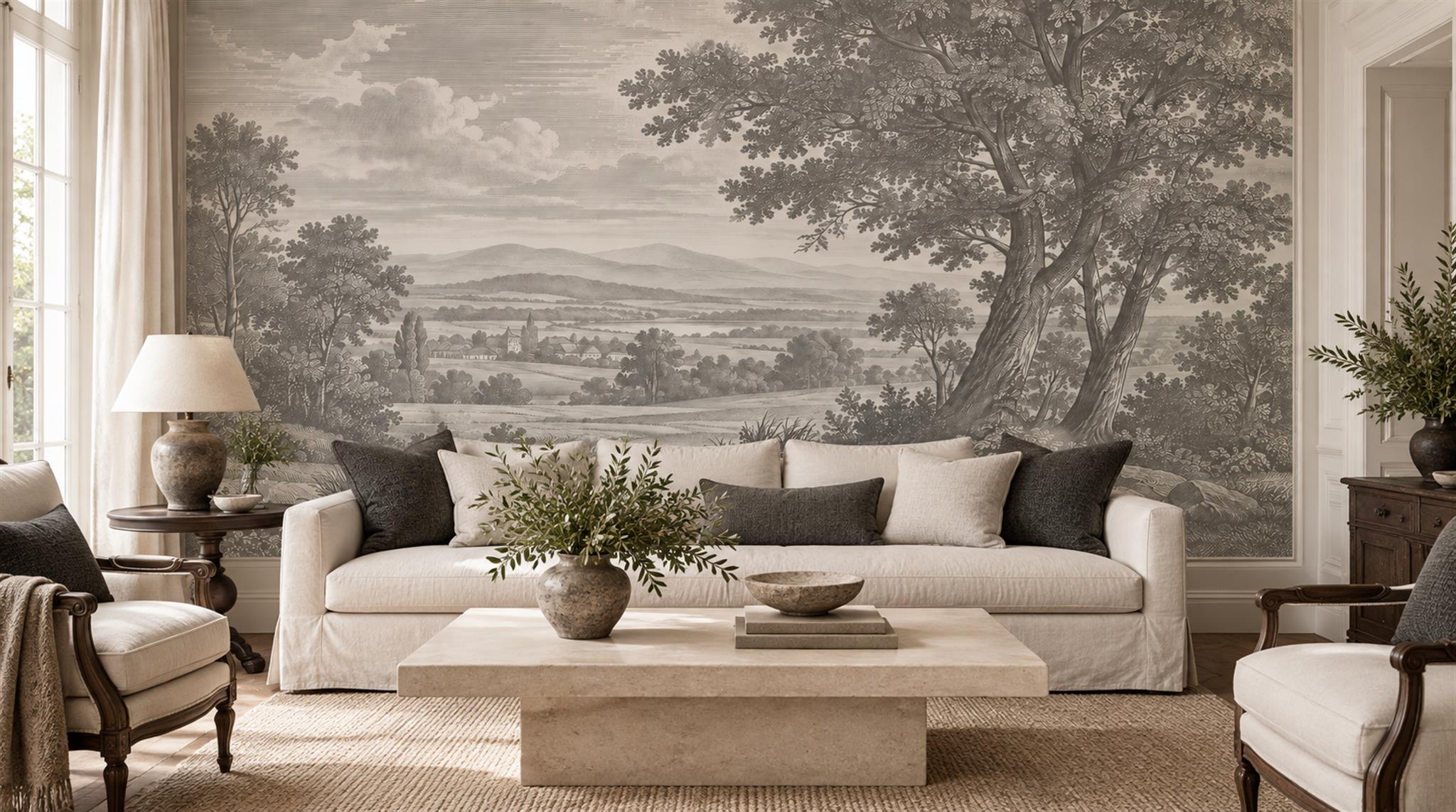 Grey And Neutral A Painterly Scenic View Library-wallpaper-murals, Peel-and-stick Finish