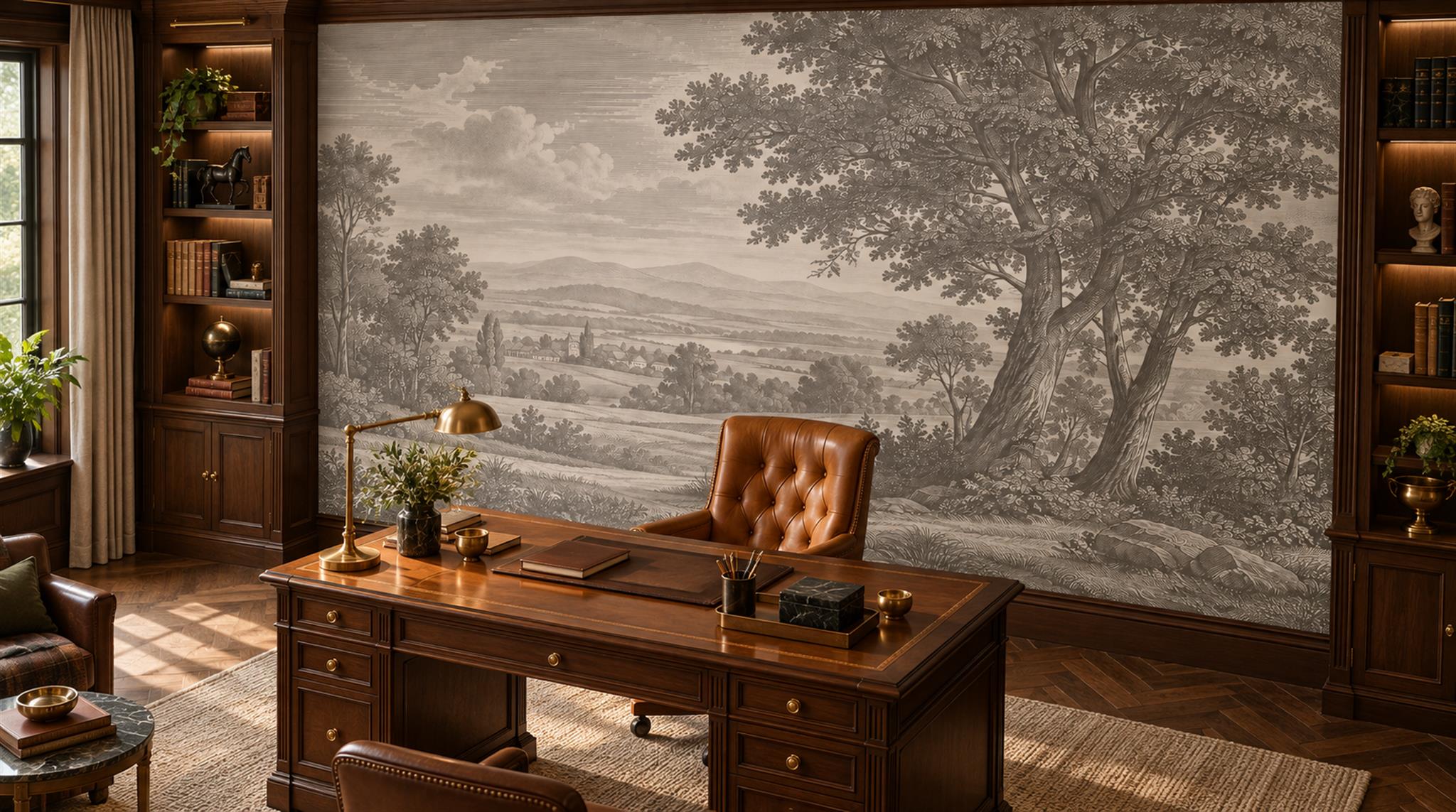 Grey And Neutral A Painterly Scenic View Library-wallpaper-murals, Peel-and-stick Finish