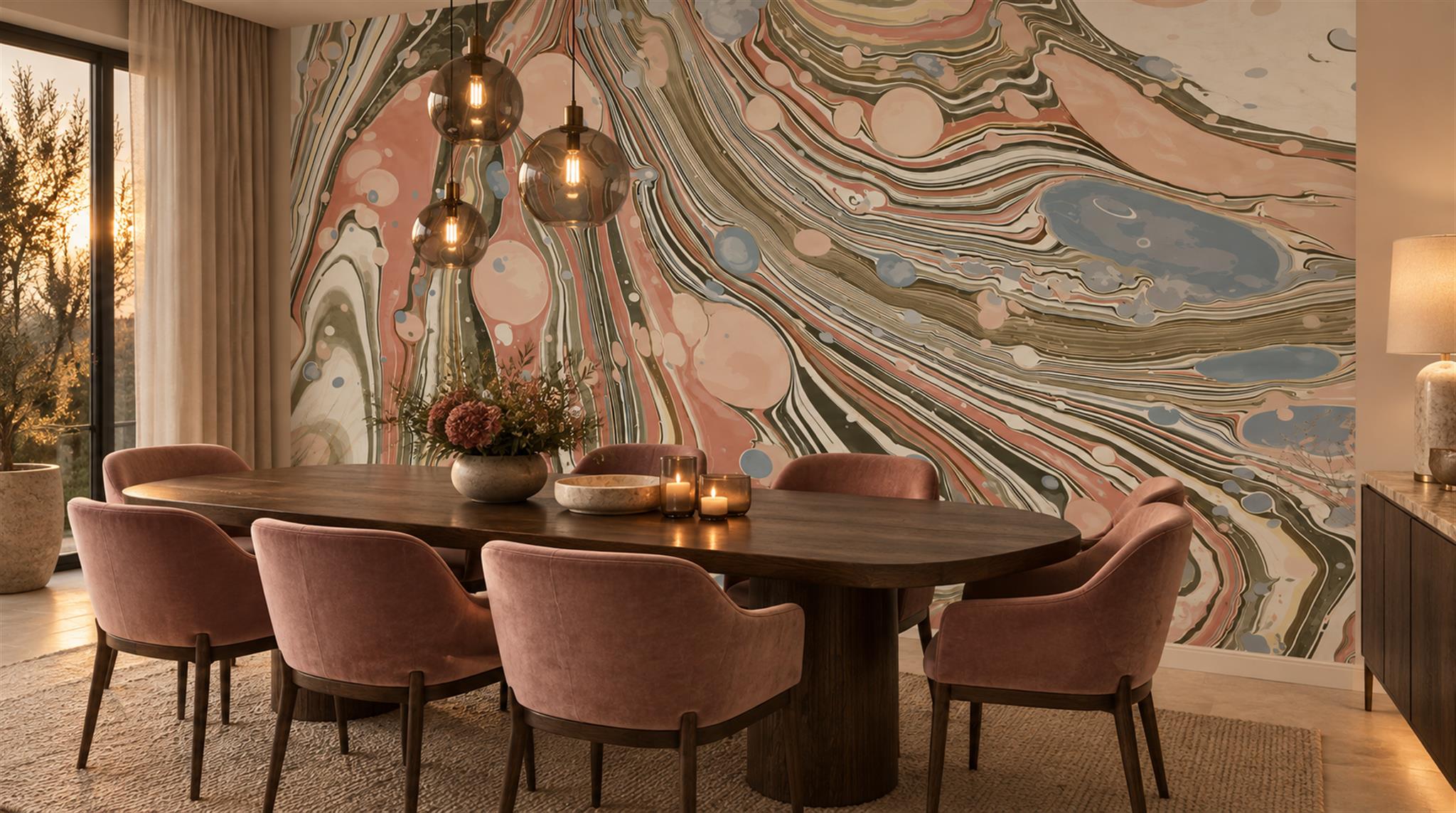 Neutral Sweeping Swirl Forms Wallpaper Mural Dining-room-wallpaper-murals, Shown In A Dining Room, Peel-and-stick Finish