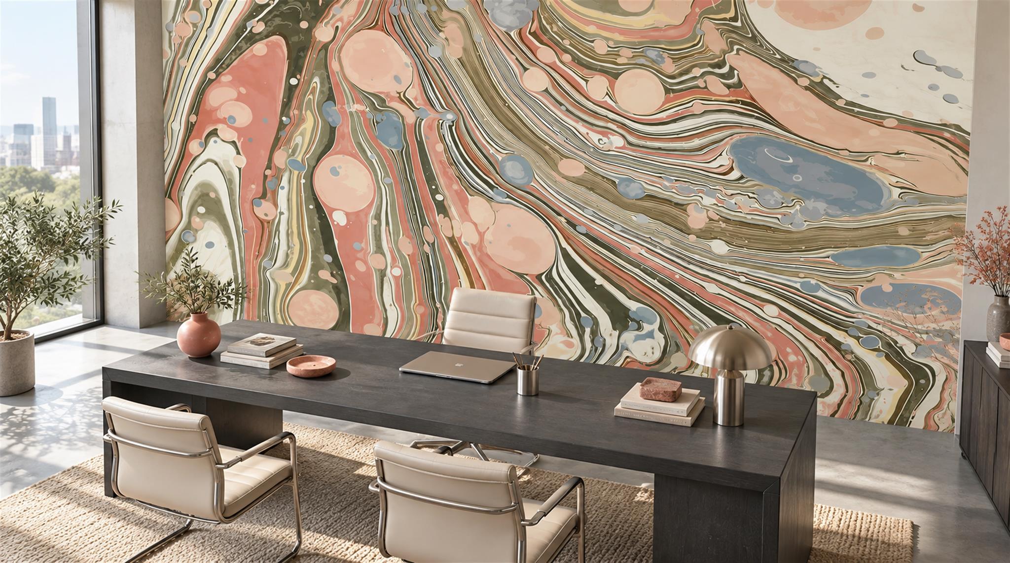 Neutral Sweeping Swirl Forms Wallpaper Mural Office-wallpaper-murals, Shown In A Home Office, Peel-and-stick Finish