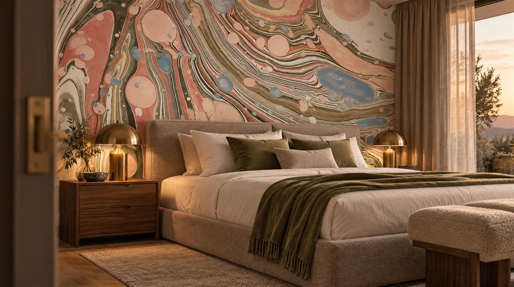 Neutral Sweeping Swirl Forms Wallpaper Mural Feature-wall-wallpaper-murals, Peel-and-stick Finish