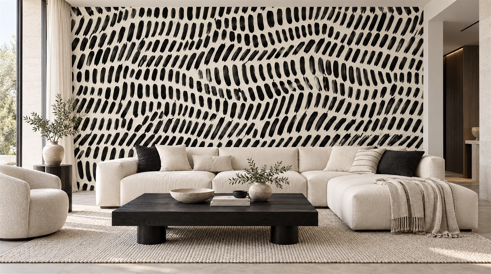 Neutral Abstract Forms Layered Wallpaper Mural Living-room-wallpaper-murals, Shown In A Living Room, Peel-and-stick Finish