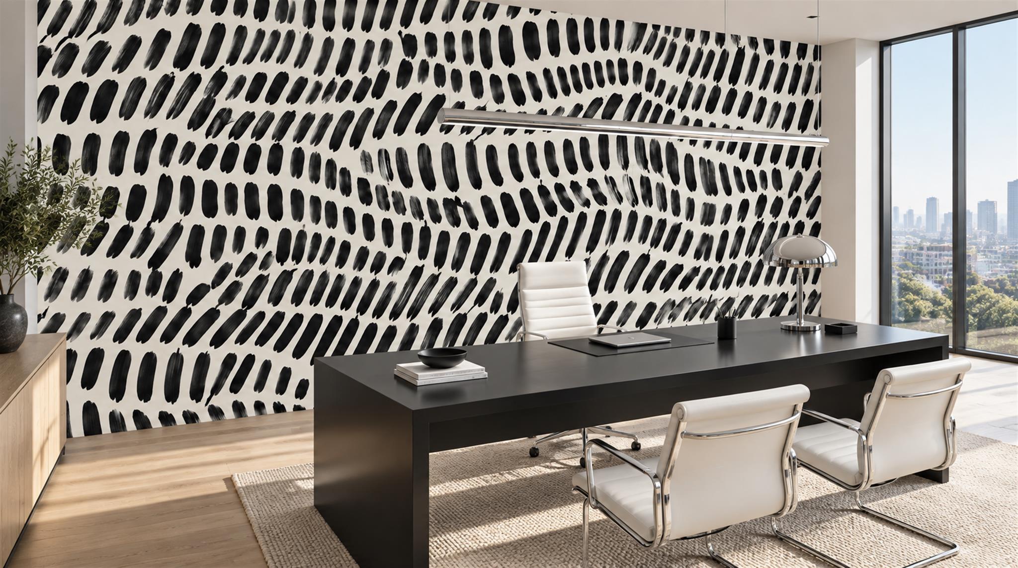 Neutral Abstract Forms Layered Wallpaper Mural Office-wallpaper-murals, Shown In A Home Office, Peel-and-stick Finish
