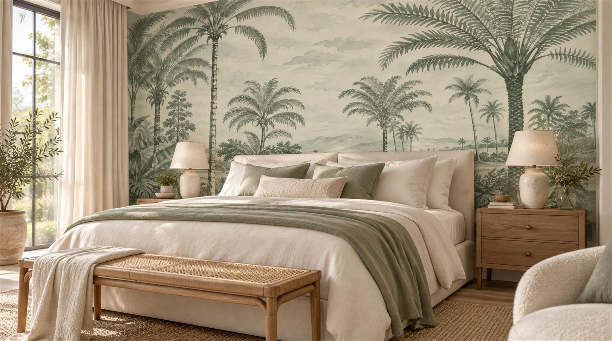 Sage Green And Neutral Palm Leaves Wallpaper Mural Bedroom-wallpaper-murals, Peel-and-stick Finish