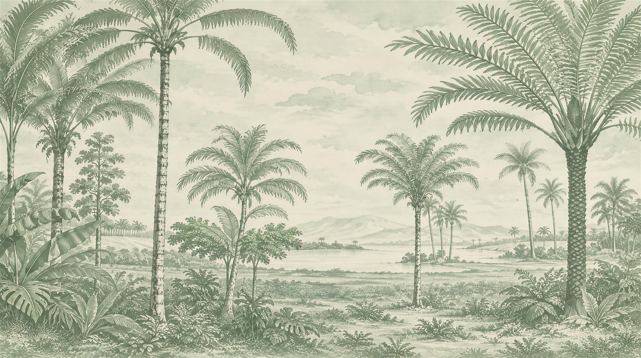Sage Green And Neutral Palm Leaves Wallpaper Mural, Peel-and-stick Finish