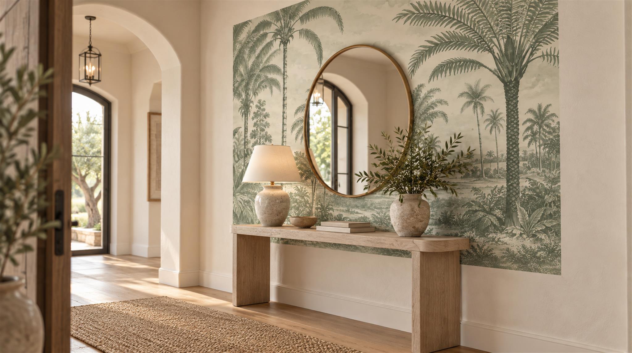 Sage Green And Neutral Palm Leaves Wallpaper Mural Entryway-wallpaper-murals, Peel-and-stick Finish