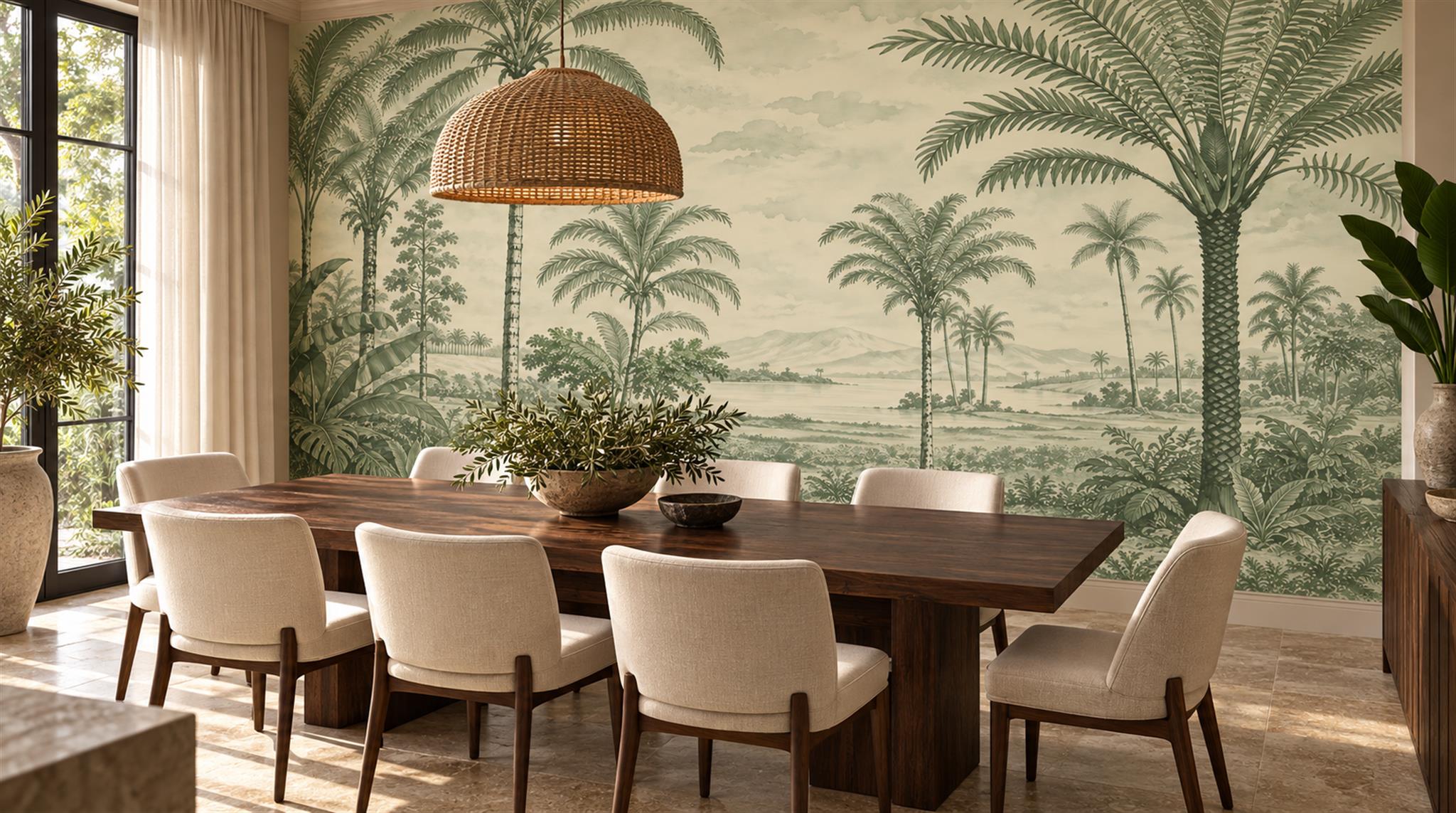 Sage Green And Neutral Palm Leaves Wallpaper Mural Dining-room-wallpaper-murals, Shown In A Dining Room, Peel-and-stick Finish