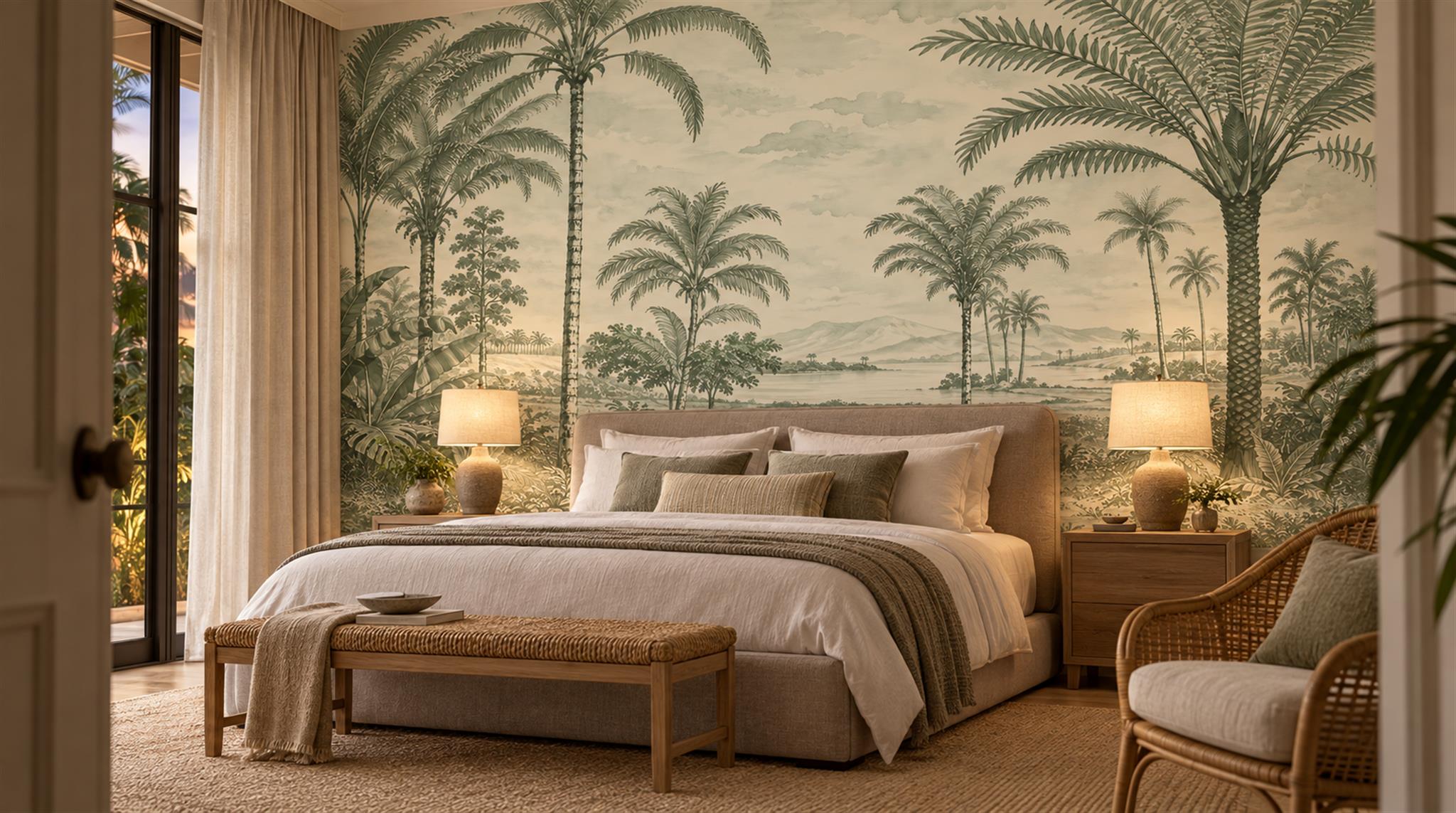 Sage Green And Neutral Palm Leaves Wallpaper Mural, Peel-and-stick Finish