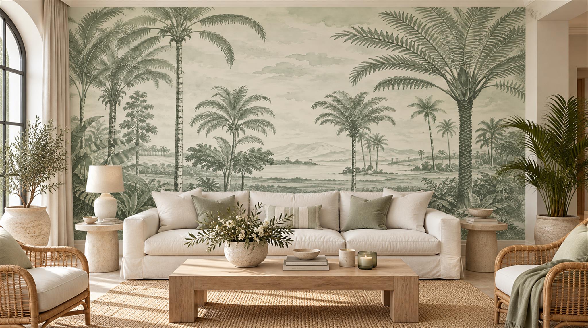 Sage Green Palm Grove Landscape Wallpaper Mural — Wallpaper Mural Design, Peel-and-stick Finish